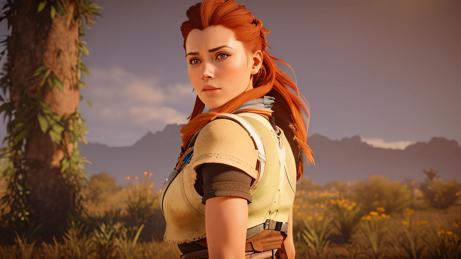 Woman with red hair and a brown vest standing in a field, Aloy, Horizonte: Zero amanhecer, Aloy, Aloy de Horizon Zero Dawn, do horizonte: zero para baixo, Horizon Zero Amanhecer, Horizonte Zero Amanhecer 8K, Estética Horizon Zero Dawn, Jogabilidade de Horizon Zero Dawn, personagem feminina, protagonista feminina, ps5 cinematic screen capture
