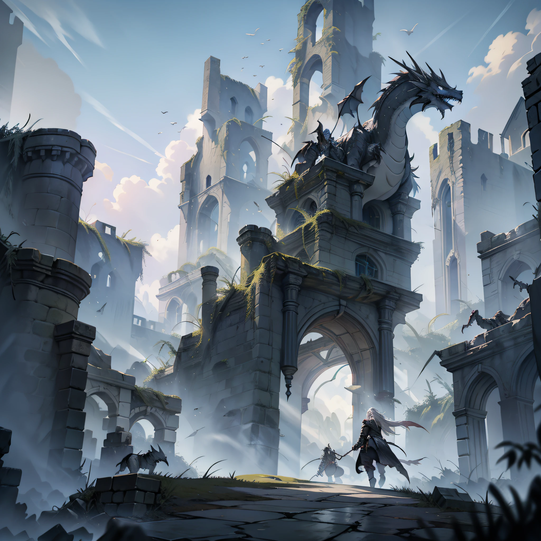 1 silver dragon spirit flying over the ruins of a fortress (flying dragon covered in the mists), only one dragon, zombies knights holding swords ready to fight in the ground coming out of the fortress in a dramatic walking (zombie), mist covering most of the scene, dramatic light, white/silver colors