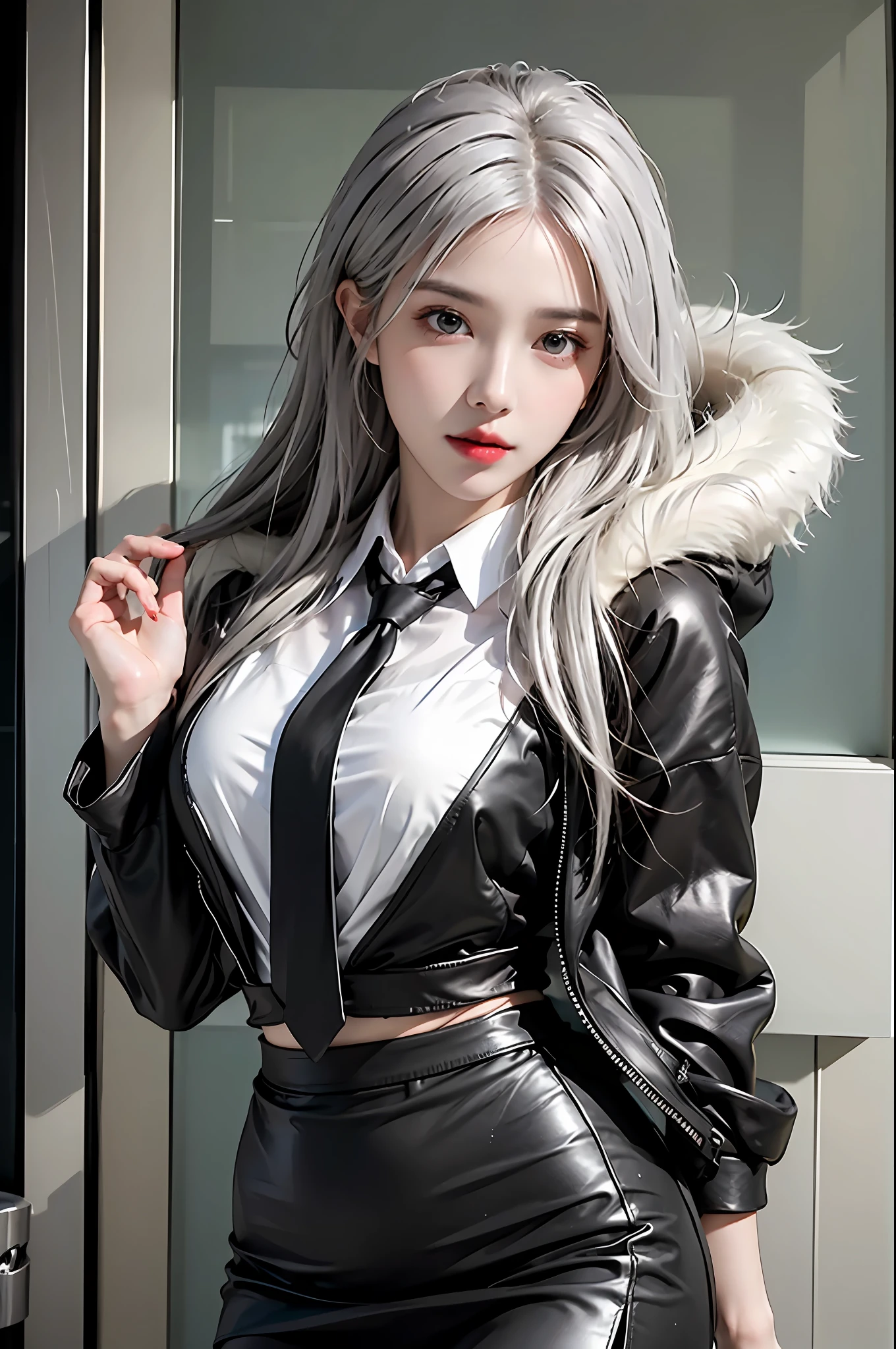 photorealistic, high resolution, 1 girl, hips up, beautiful eyes, white hair, ringed eyes, collared shirt,black necktie,black skirt, pencil skirt, fur coat