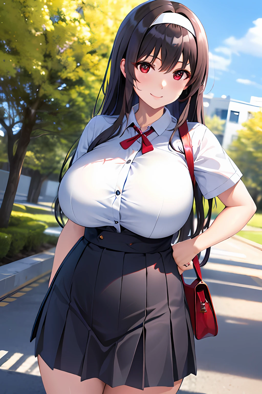 masterpiece, best quality, highres, kasumigaoka utaha, 1girl, long hair, black hair, hairband, reveal uniform,huge breasts,red eyes, long legs, breasts, bangs, large breasts, high-waist skirt, white shirt, short sleeves, outdoors, bag, smile,