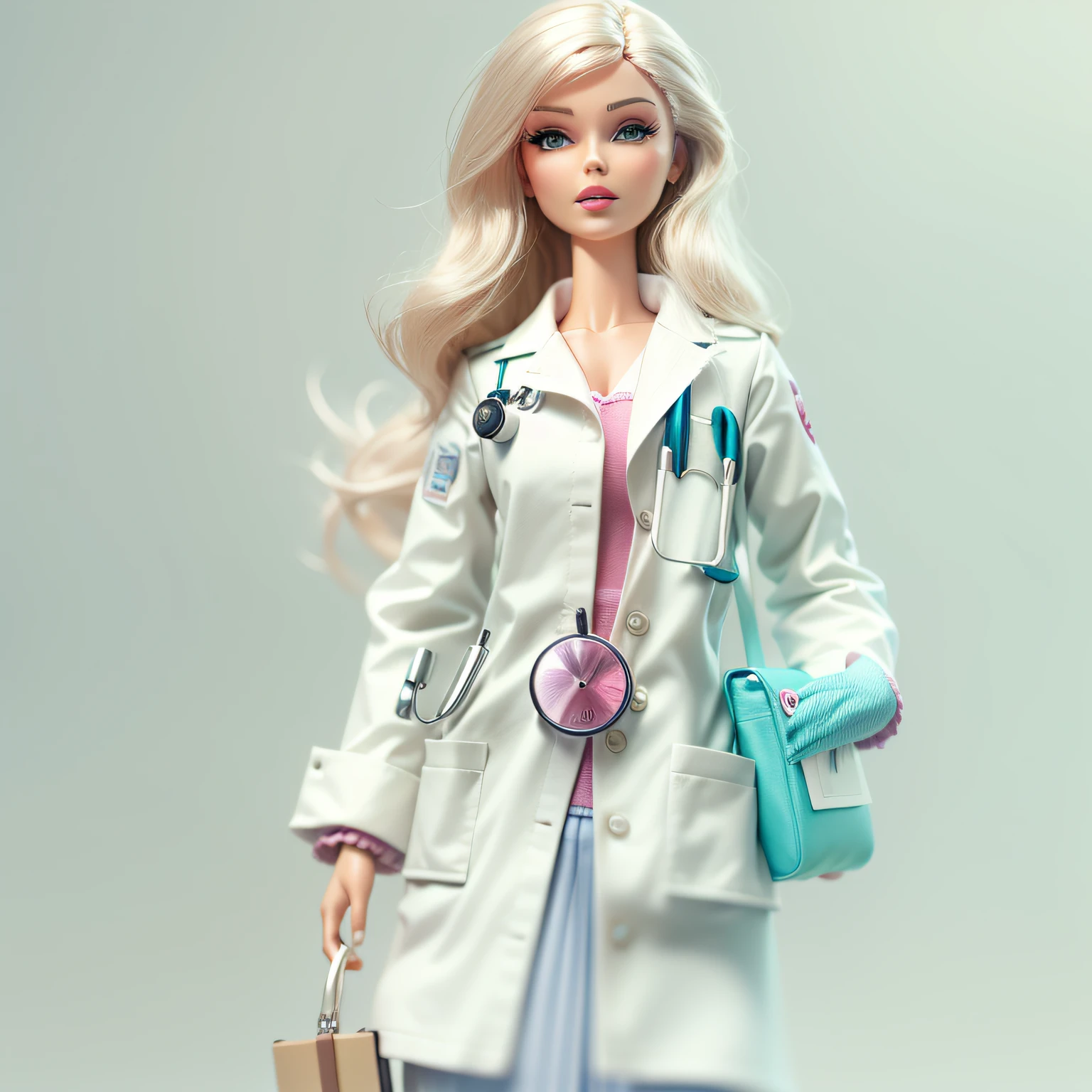 3D barbie doll with doctor's outfit, fundo totalmente branco, foto da cintura pra cima.