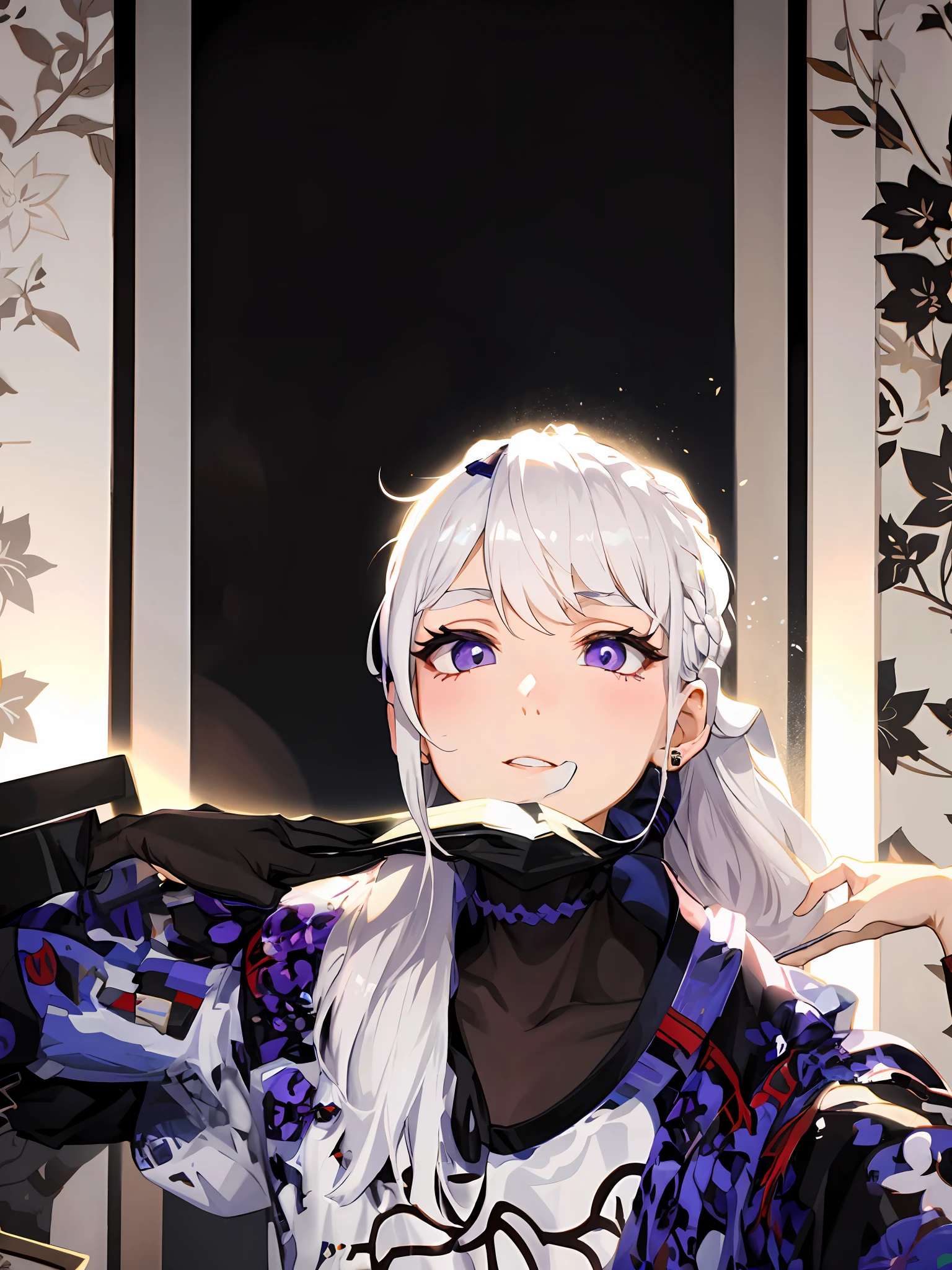 ember,White hair,O cabelo multicolorido,Purple eye,Wear a mask on your head,Sideslit,light particules,the wallpaper,