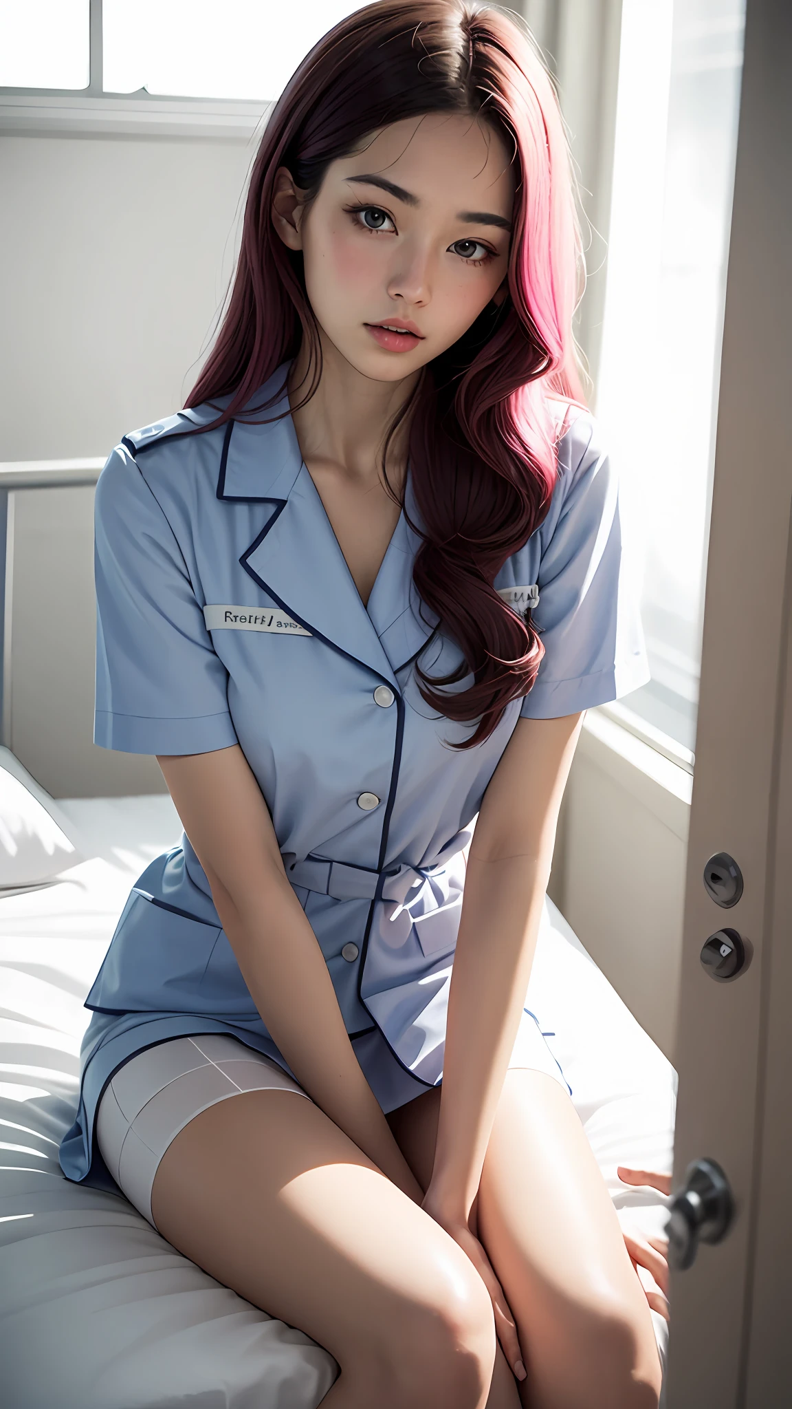 （Close_Up：1.6） Low_Angle （Low_Angle_Shot：1.7）， （Long_Skirt：1.3），（flirt：1.4） （Tongue stock_Out：1.3） Infirmary （Nurse_Girl：1.5）， （Red_Cross：1.3） （Long_Hair：1.5） （Pink_Hair：1.4） （flat_Bang：1.2） .（syringes：1.5） （face flushed_Cheeks：1.3）Hint at her（is shy：1.2）natural。（Bandaged_Hands：1.5）completly（wrapped：1.3）In a clean white bandage。（treatment：1.5）In a young man in a school uniform（pupils：1.5）On the body，Lying on white（hospitals_Bed：1.5）Upp，using（gentle_care：1.5）。Ultra photo realsisim，best qualtiy，tmasterpiece，超高分辨率，（realisticlying：2.0），RAW photogr，Clear focus，hdr，Detailed skins，Wearing a blue nurse's uniform，sensual seduction。