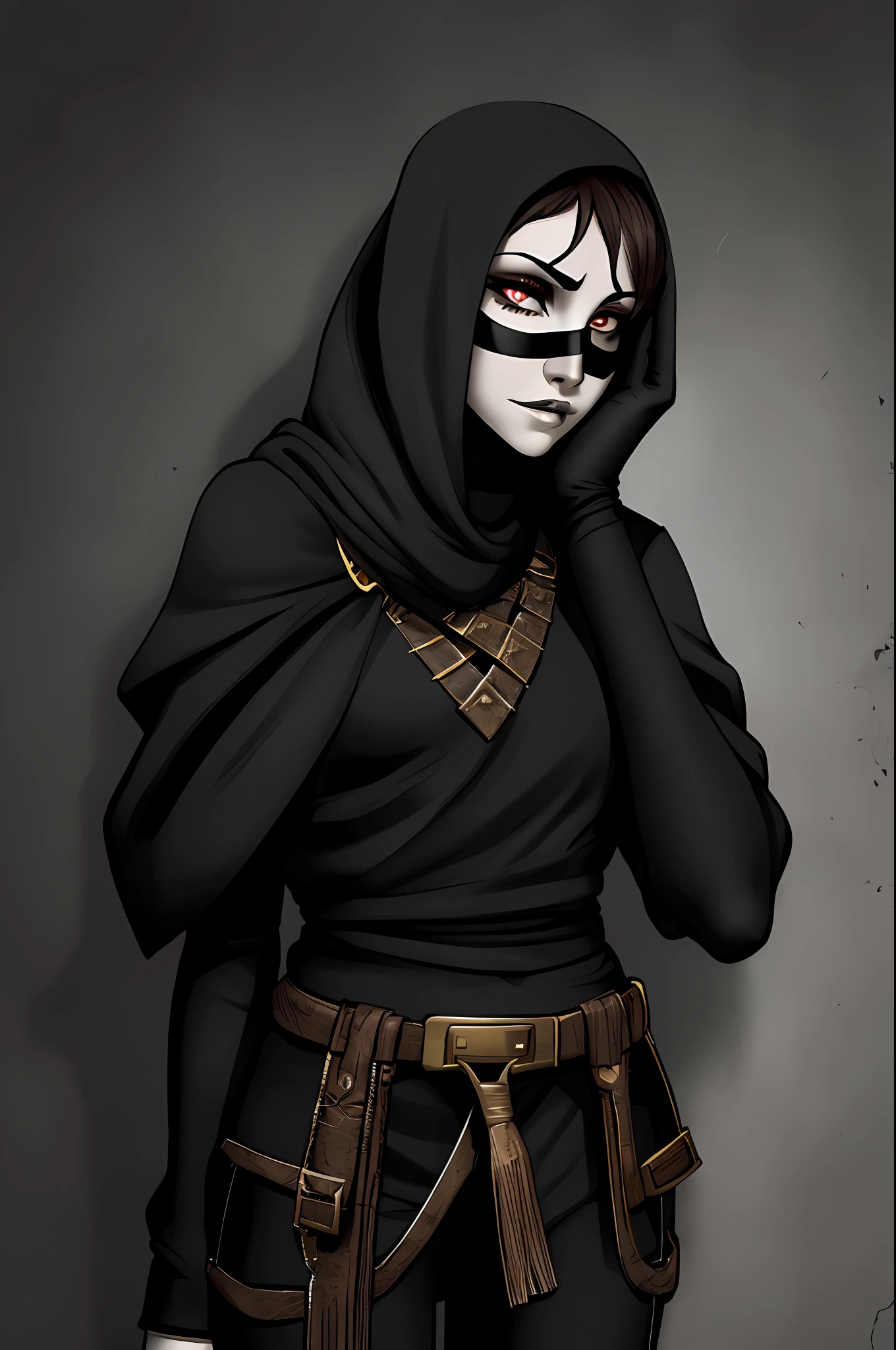 Woman Wizard Young, thin, sad, pale, with short wavy dark brown hair with white eyes and a black mask covering half of her face;, roupa colada preta com metais prateados no entorno