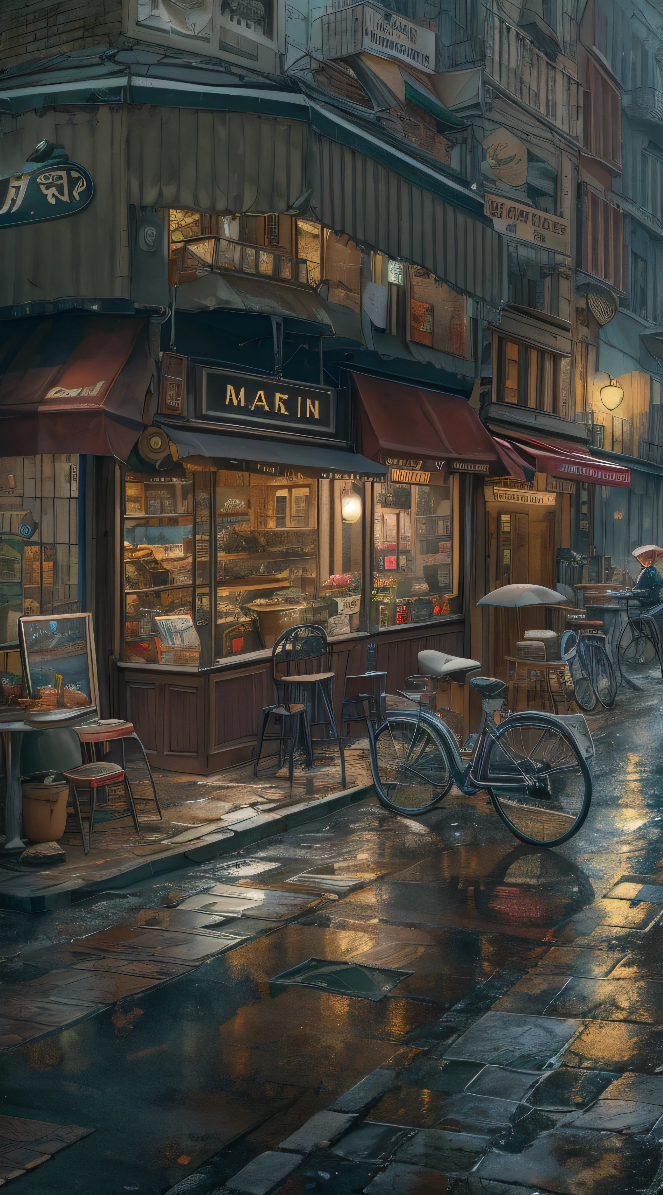 (masterpiece, best quality), Photo if a cafe ,wet Street, buildings,busy street , cycle, trash been, nostalgia, ultra quality, hyper detailed