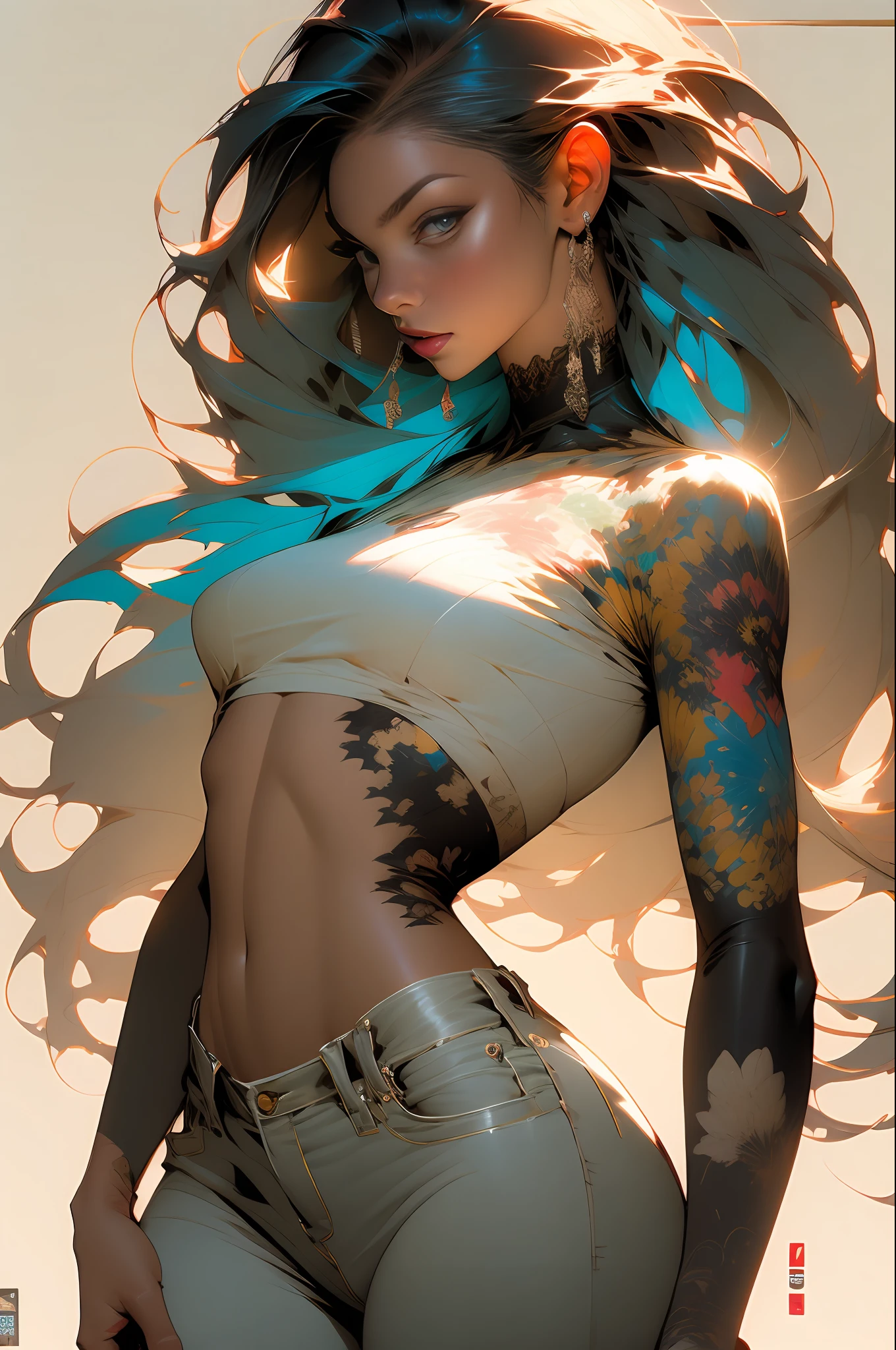 Background Story, Misto-idioma_Texto, letras japonesas em graffit , Ashley Alexiss Linda , longos cabelos negros, Excellent lighting, side-lighting, perfeito ultimate (flat heart: 1.3), (revista_cobrir: 1.4), (multicolorido_Background Story: 1.3), listrado_Background Story, card_Background Story, :: Discs with sharpening, shiny blades in hand :: circular pieces of white metals glued to the ultra detailed arms coming out of shimmering glow, desenho de estrela negra estampada no meio da camisa , corpo escultural perfeita e detalhada, camisa ultra detalhado com desenho abstrato e com estampa de letras japonesas em grafit dos lados da roupa, worn jeans, peito grande, com efeitos imersivos, efeito pairar, fundo estilo grafite tatuagem tribal com flores e cores vibrantes, "HDR Ultra colors in gradient| | |" detalhadas e com efeito de foco, (obra-prima: 1.2, melhor qualidade), (beautiful eyes with huge finely detailed eyelashes: 1.2), , ((sozinho)), (Olhos finamente detalhados e rosto detalhado :1.3), Perfect hands with 5 fingers and ultra detailed