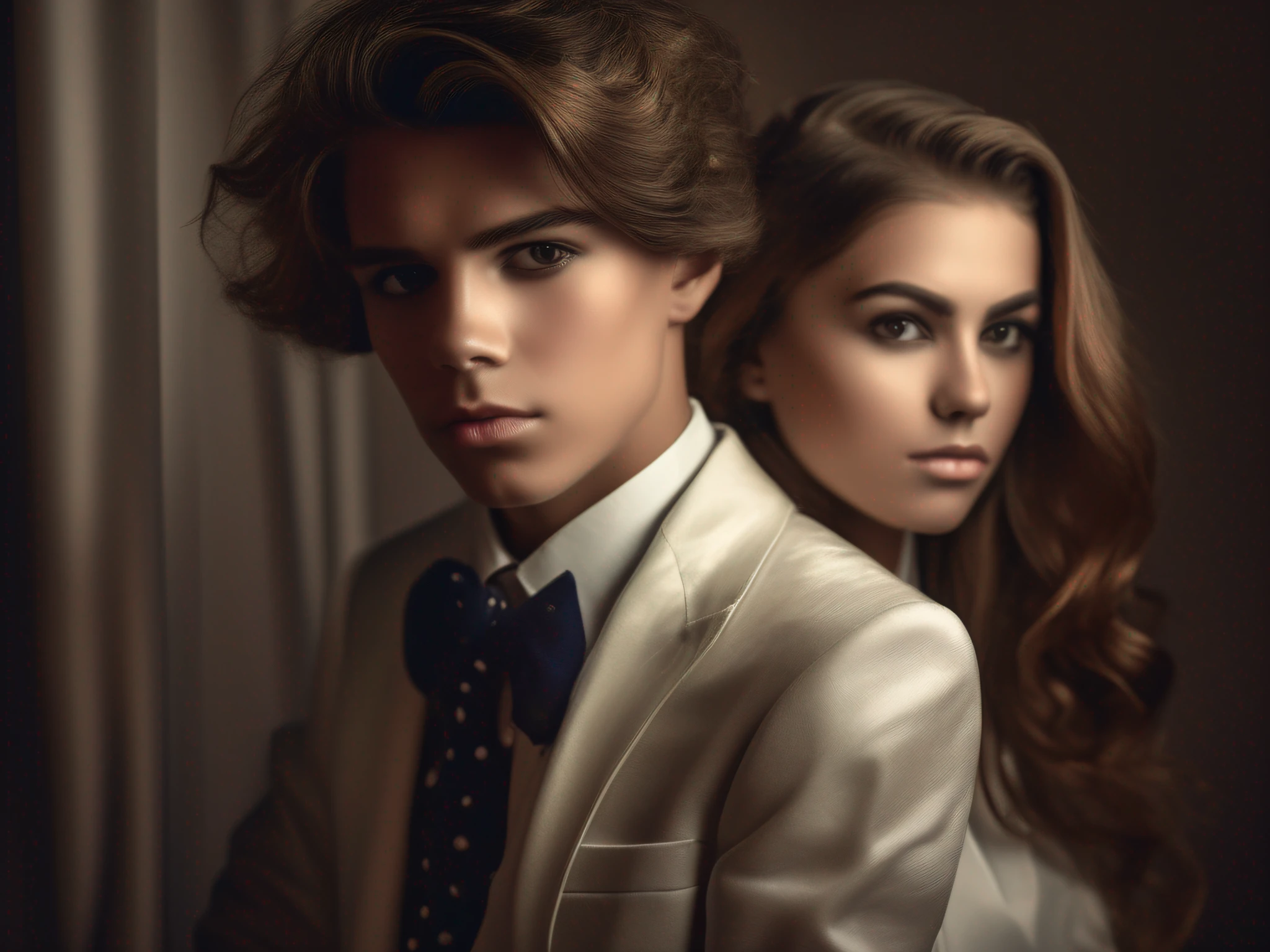 Generar retrato de moda, fashion portrait of a girl girl and boy boy, su maquillaje, cabello, y armario, elegancia, illumination, Medio ambiente