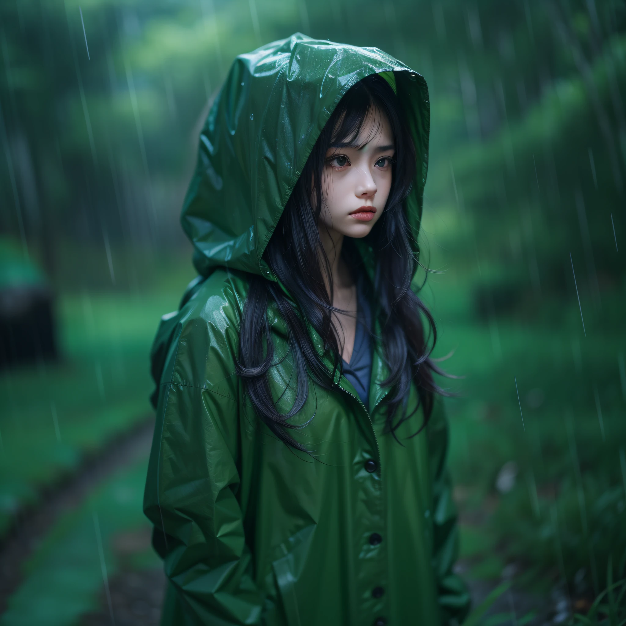 CircuitBoardAI, beautiful, dark hair (sad1.4) girl in a (green raincoat1.3) in the woods, rain, a character portrait, Tilt-shift, bokeh