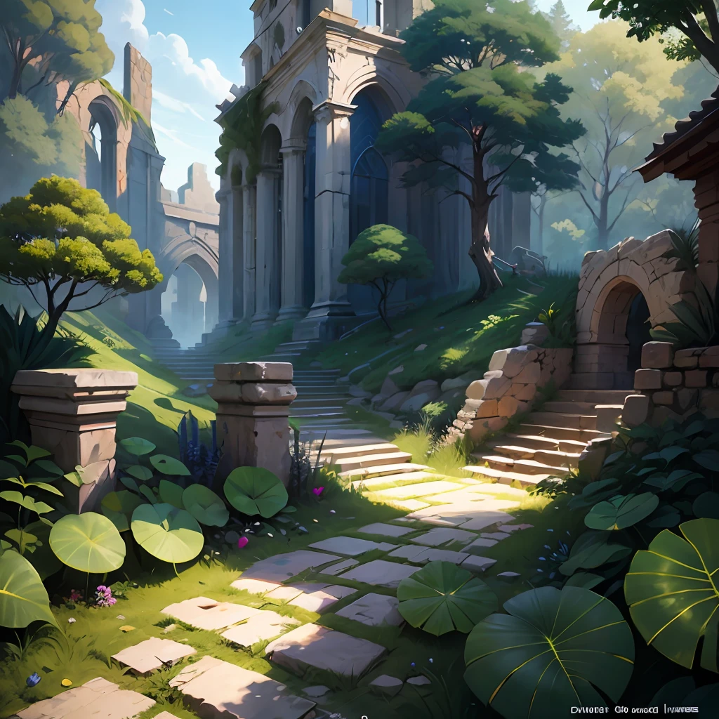 painting of a path leading to a stone building in a park, arte de fundo, arte de fundo, Fundo representando um templo, ancient ruins background, ancient ruins in the forest, Fundo do jardim real, background are the ruins, a beautiful artwork illustration, pintura digital altamente detalhada, environment design illustration, arte de fundo do anime, Fundo do templo, scenery game concept art, fundo do parque --auto --s2