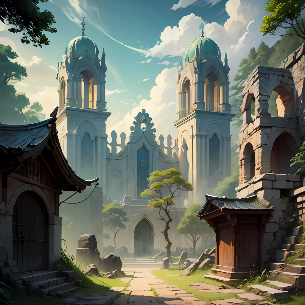 painting of a path leading to a stone building in a park, arte de fundo, arte de fundo, Fundo representando um templo, ancient ruins background, ancient ruins in the forest, Fundo do jardim real, background are the ruins, a beautiful artwork illustration, pintura digital altamente detalhada, environment design illustration, arte de fundo do anime, Fundo do templo, scenery game concept art, fundo do parque --auto --s2