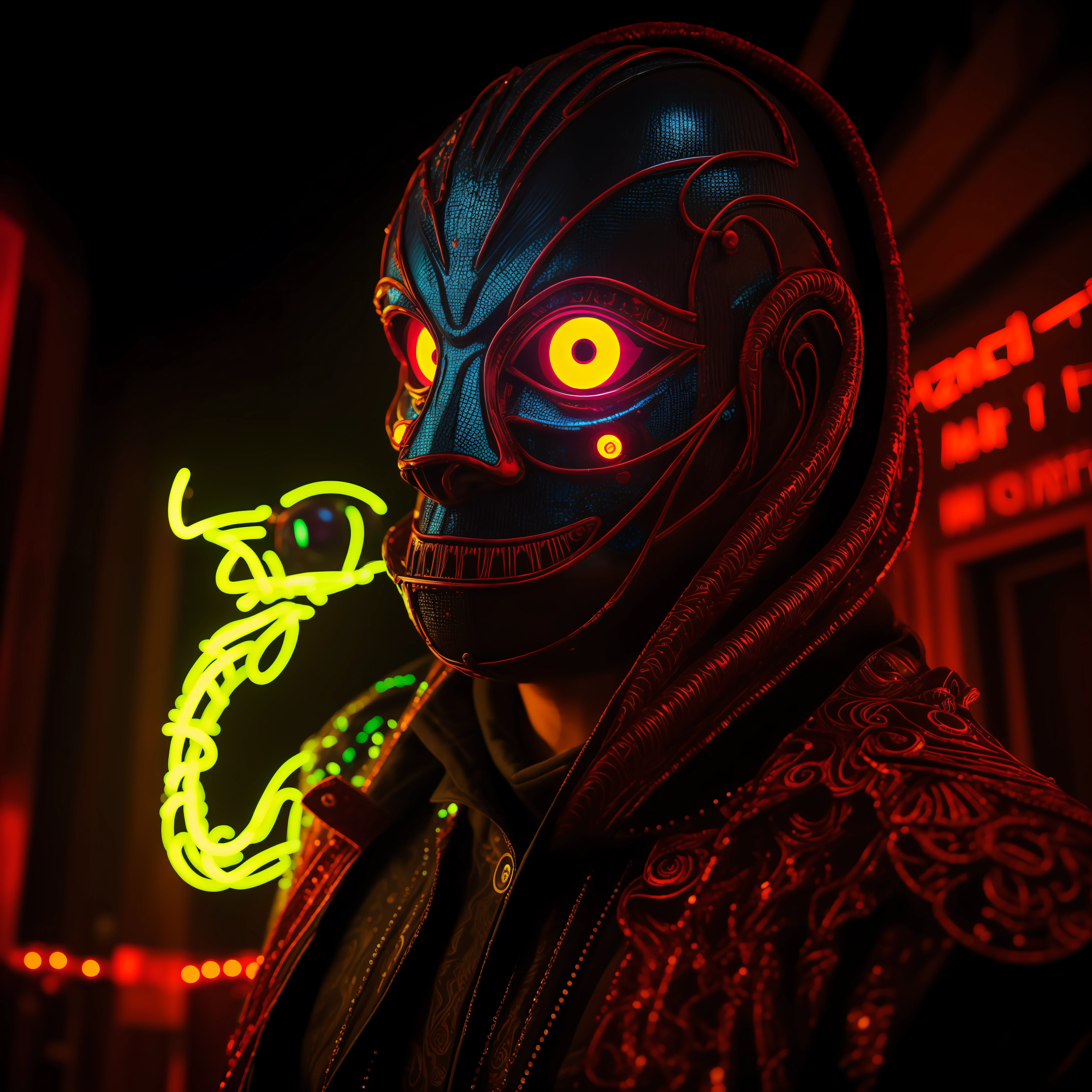 a cinematic photo of a psychedelic horror entertainer, alien skin, oozing fluids, realistic, natural lighting, wearing a highly intricate venetian mask with fluoro highlights, aztech patterns, kintsugi mask, creepy, glowing eyes, infused with neon wiring