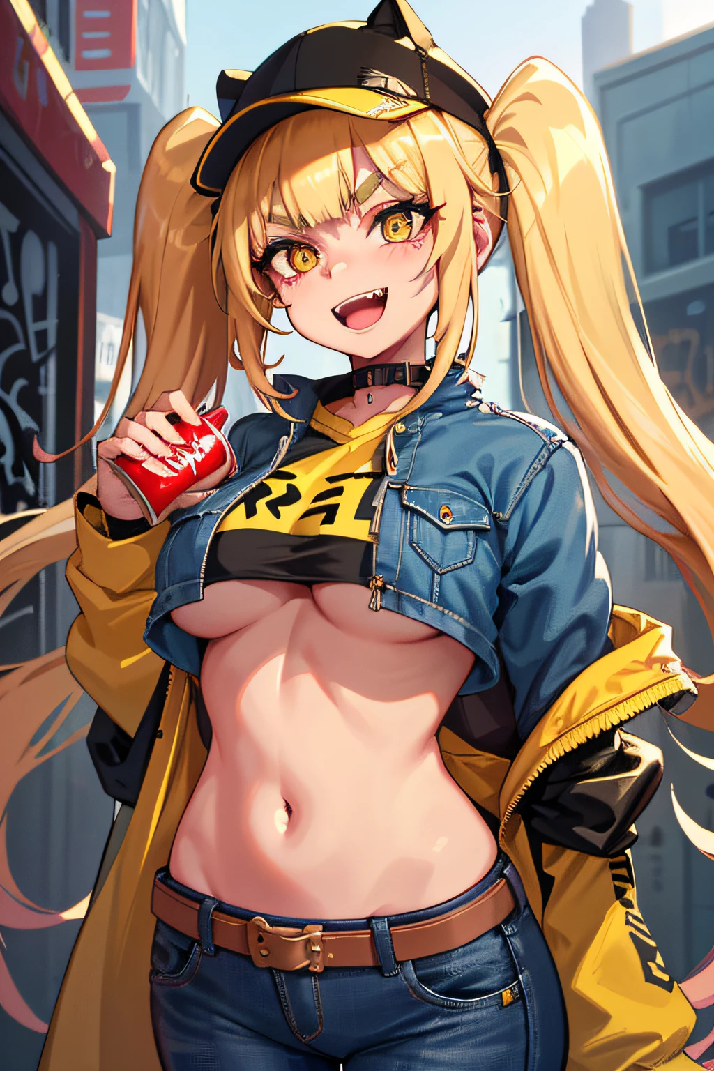 Original Character, Volumetric Lighting, Best Shadows, Shallow Depth of Field, Portrait Of Stunningly Beautiful Girl, Petite, Delicate Beautiful Attractive Face With Alluring Yellow Eyes, Messy Painted Face, Sharp Eyebrows, Broadly Smiling, Open Mouth, Fangs Out, Lovely Medium Breasts, Layered Long Twintail Blond Hair, Blush Eyeshadow, Thick Eyelashes, Applejack Hat, Oversized Pop Jacket, Mini Underboob Tee, Open Navel, Slim Waist, Denim Jeans Pants, With Buckle Belt, In The Graffiti Alley, Waste Container, Outside Stairs, Outdoor Unit, Holding Spray Paint Can, Standing, (Highest Quality, Amazing Details:1.25), (Solo:1.3), Brilliant Colorful Paintings