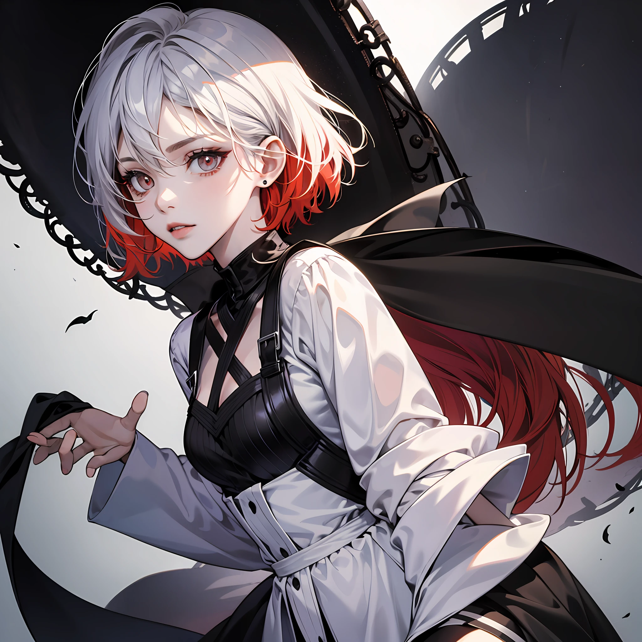 Woman Mage Thin Short Red Hair White Eyes Serious Pale Front with Black Veil Glued Clothes Metallic Silver Being "Possessed" por uma sombra negra --auto