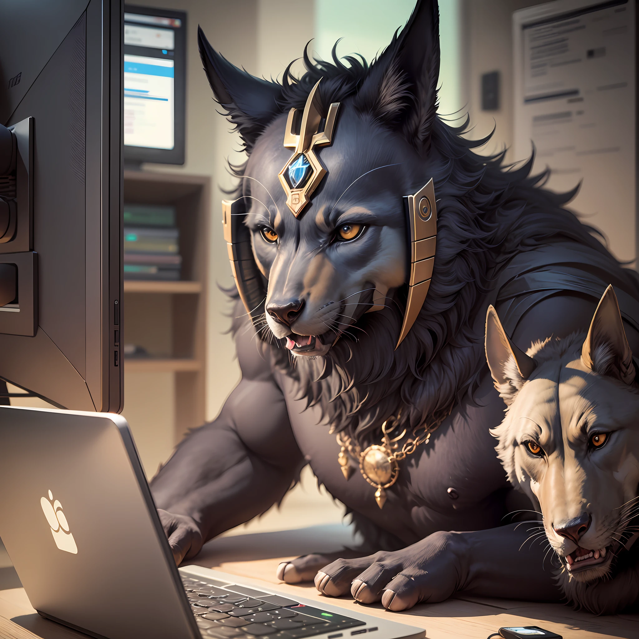 Anubis, deus egipcio, chacal, sentado usando o computador, usando fone de ouvido --auto --s2