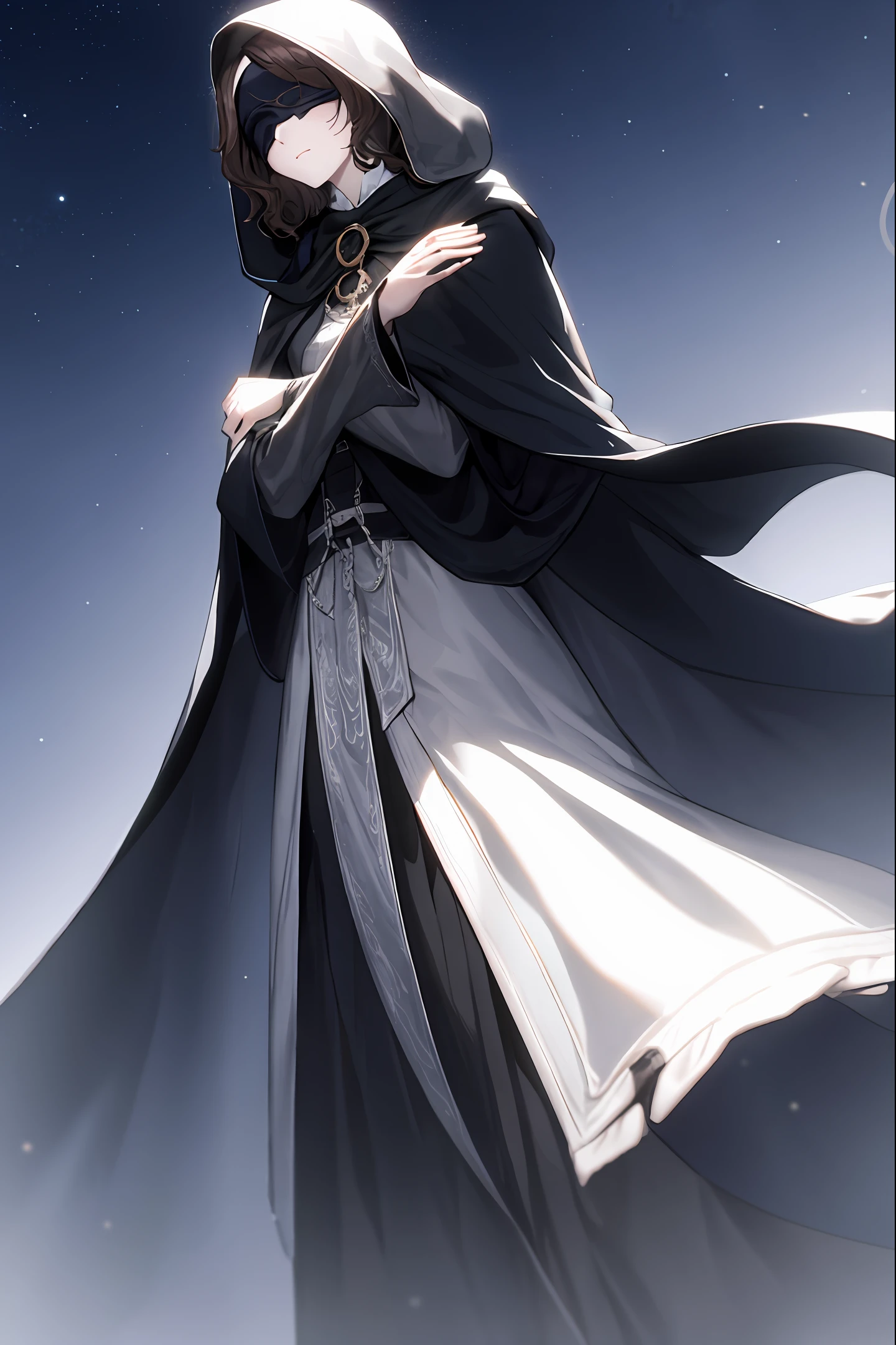 Pale sad wizard woman closed eyes blindfolded and short wavy dark hair, slim body with black hood and cape with a black dress with silver lines looking up at the sky praying
