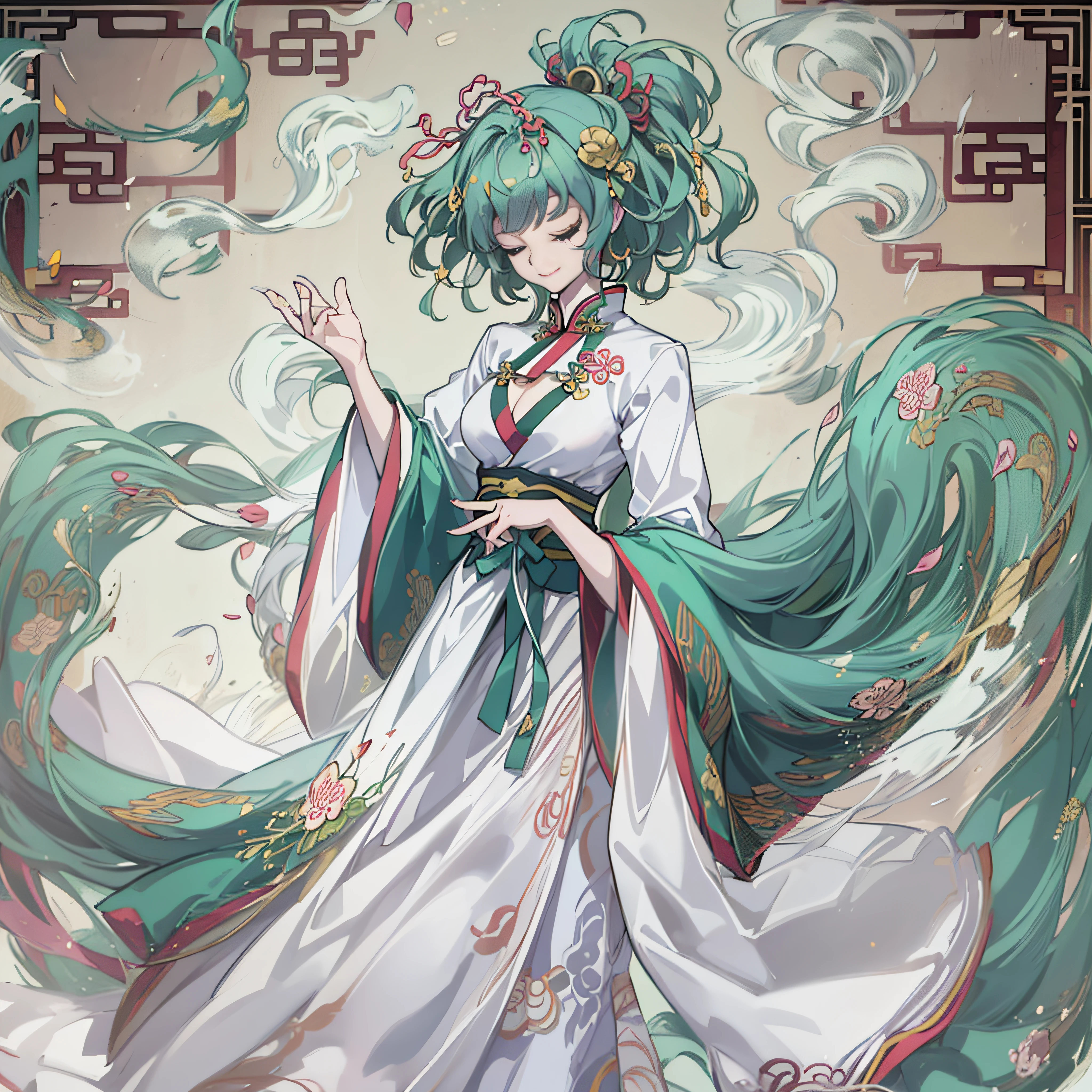 (Absolutely stunning ancient Chinese dress),(full-body shot),(flowing skirt),(beautiful detailing),(super HD),(highest quality),(16k NeferPitou from Hunter x Hunter),(eyes closed:0.8+gentle face expression:0.9+exquisite makeup).