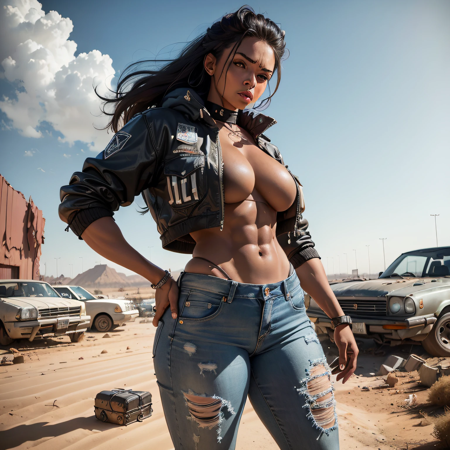 (master part, .........cgi:1.2), (homem com asas, ?????:1.5), (corpo cintilante e coberto de suor:1.2), (olhos brilhante:1.2), (roupas jaqueta e jeans surrado:1.2), (thick thighs and defined physique:1.2), ((Asas Angelicais Gigantes:1.5)), (Low angle shot:1.2), (em uma estrada ensolarada do deserto:1.2), (surrounded by wrecked cars, Planes, and destroyed buildings:1.2), (apocalyptic scenery:1.2), (resilient and determined expression:1.2), (Stunning details in clothing and accessories:1.2), (paisagem do deserto queimado:1.1), (evidence of survival and resilience:1.2), (Impressive strength and power in his physique:1.2), (Realistic textures and lighting:1.2), (A sense of post-apocalyptic destruction:1.2), (masterful execution of the scene:1.2), anjos, apocalipse, poder