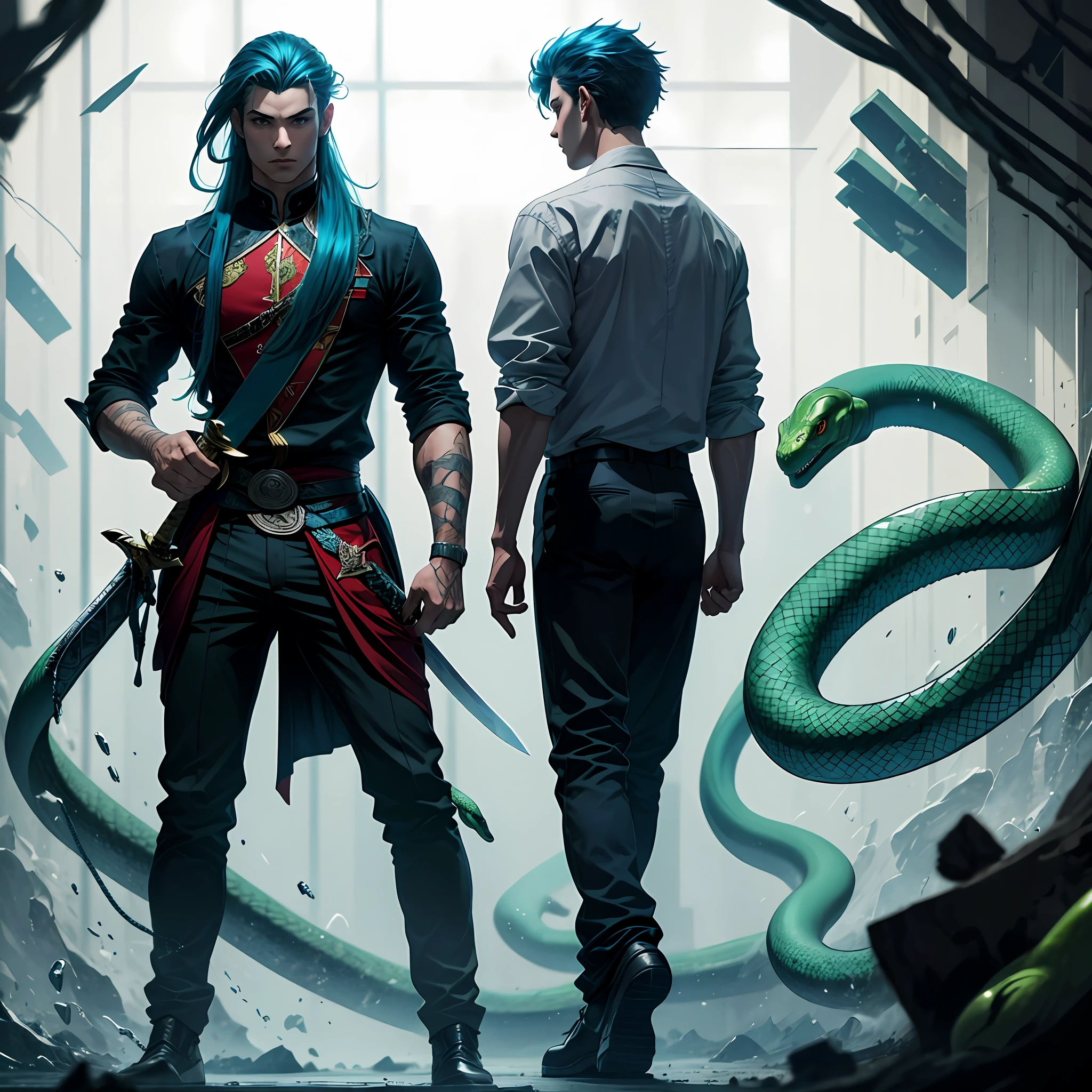 The boy was holding a sword behind his back, long blue hair, blue-gray clothes, and a big green snake on his feet --auto