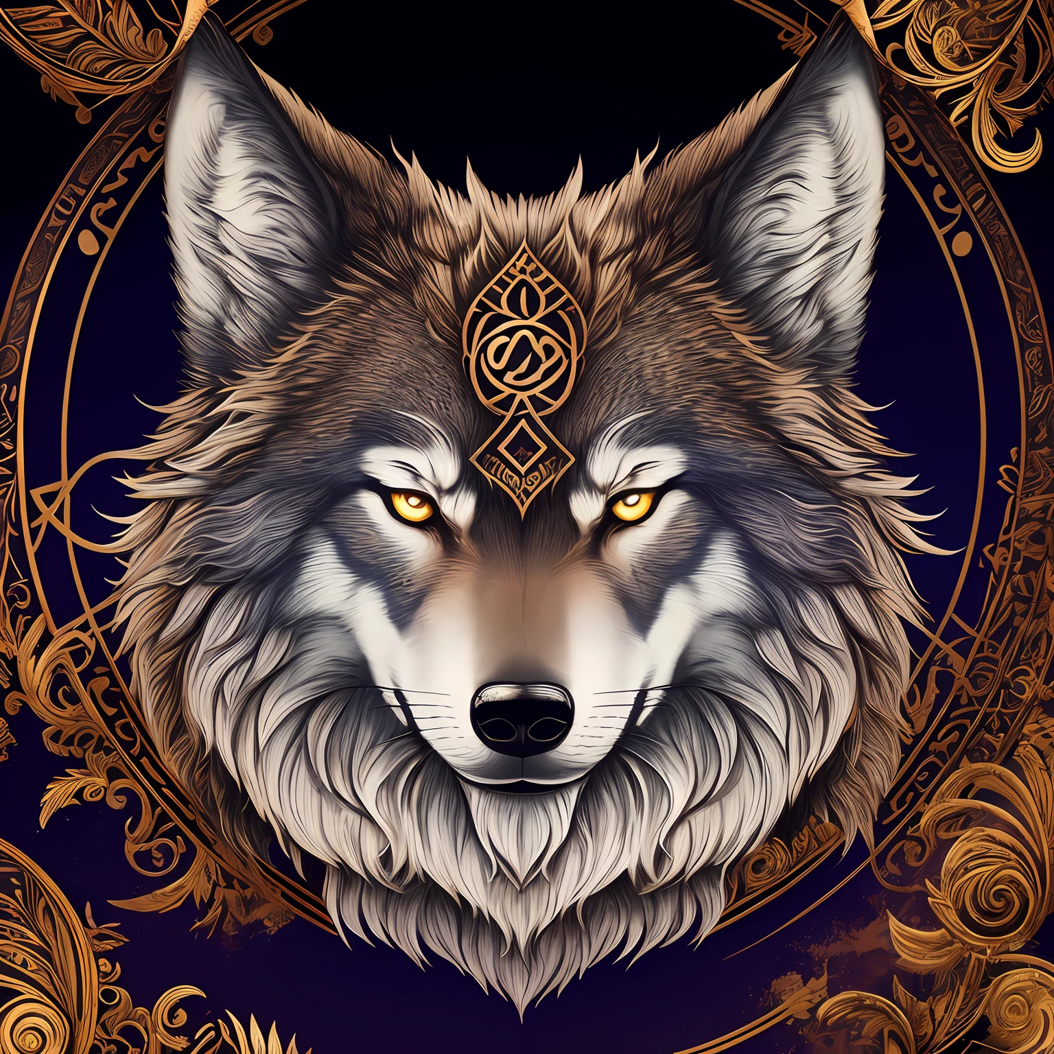 Ancient symbol that must contain in its final form, the merging of some specific images. The images are the wolf, a lua e o wolfsbane. Use metallic tones, como bronze. --auto