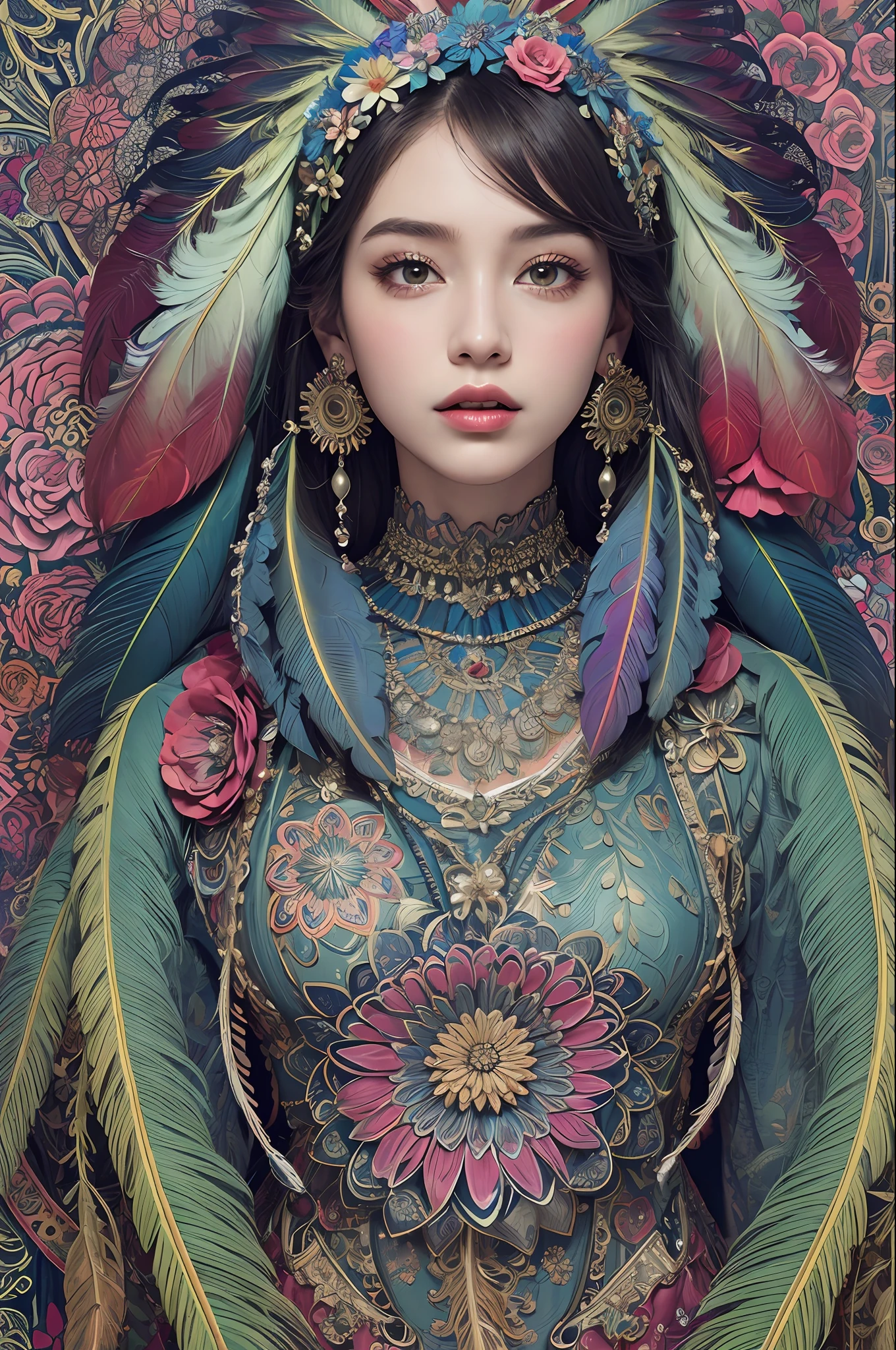 (masterpiece, top quality, best quality, official art, beautiful and aesthetic:1.2), (1girl:1.3), extremely detailed,(fractal art:1.1),(colorful:1.1)(flowers:1.3),highest detailed,(zentangle:1.2), full body, (abstract background:1.3), (shiny skin), (many colors:1.4), ,(earrings), (feathers:1.5),