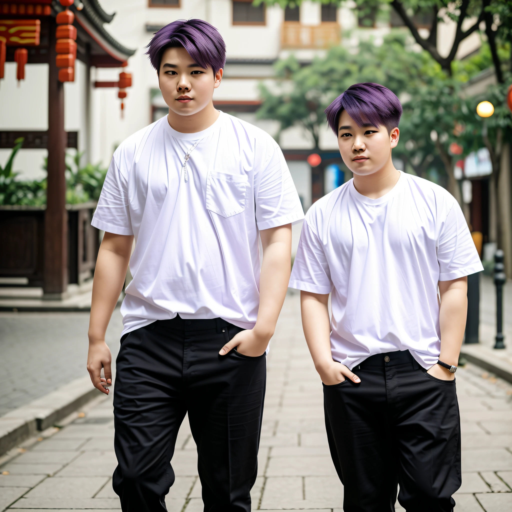A purple-haired, 23-year-old boy wearing a white shirt, black pants, and a slightly chubby Chinese --auto