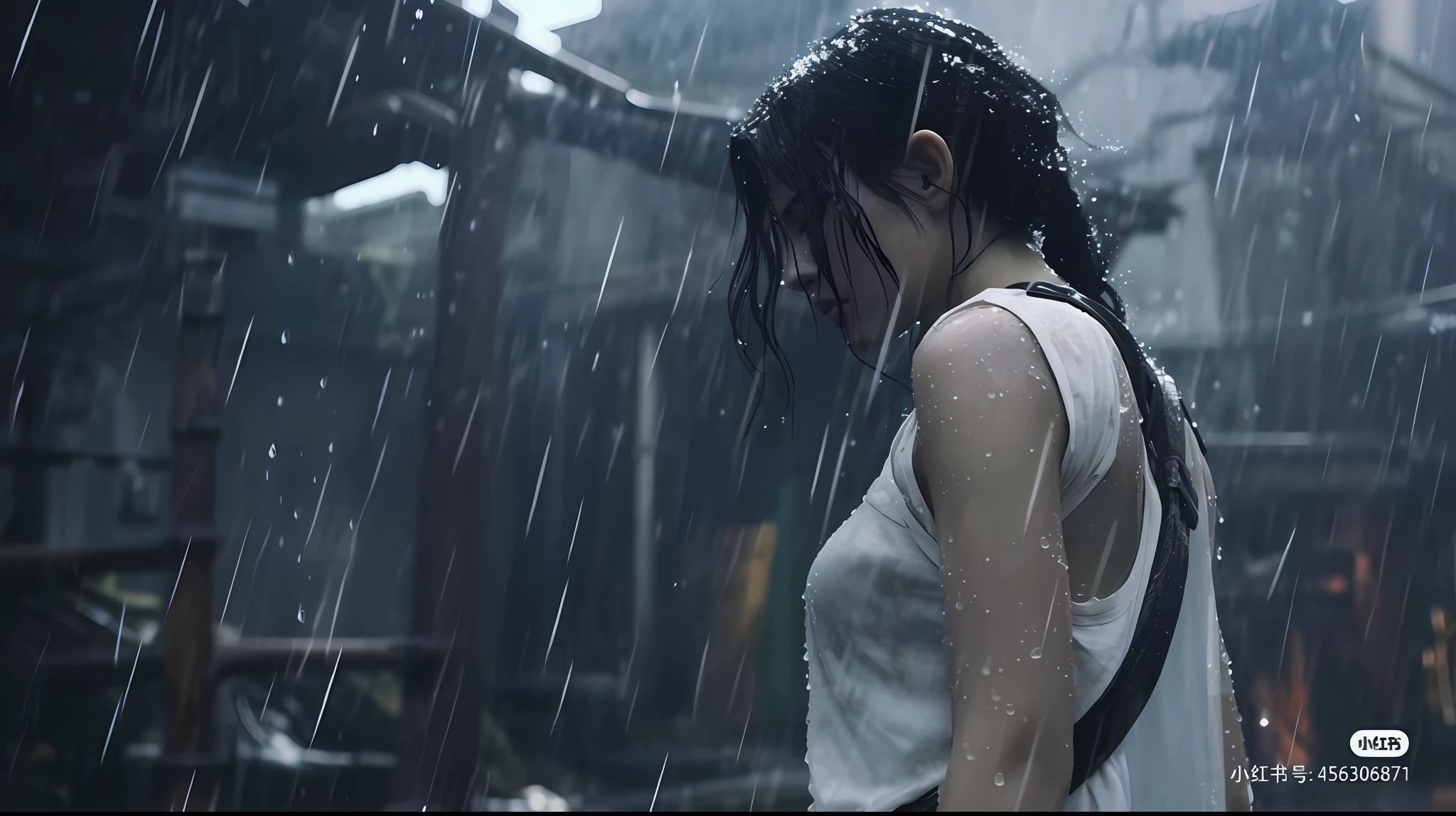 Arad woman in a white shirt standing in the rain with a backpack on her back, ps5 cinematic screen capture, still from live action movie, square enix cinematic art, shot from cinematic, Rained, dramatic cinematic shot, detailed cinematic rendering, tears in the rain, Like tears in the rain of dead silence, detailed cinematic photography, 8 k movie still, video game cinematic