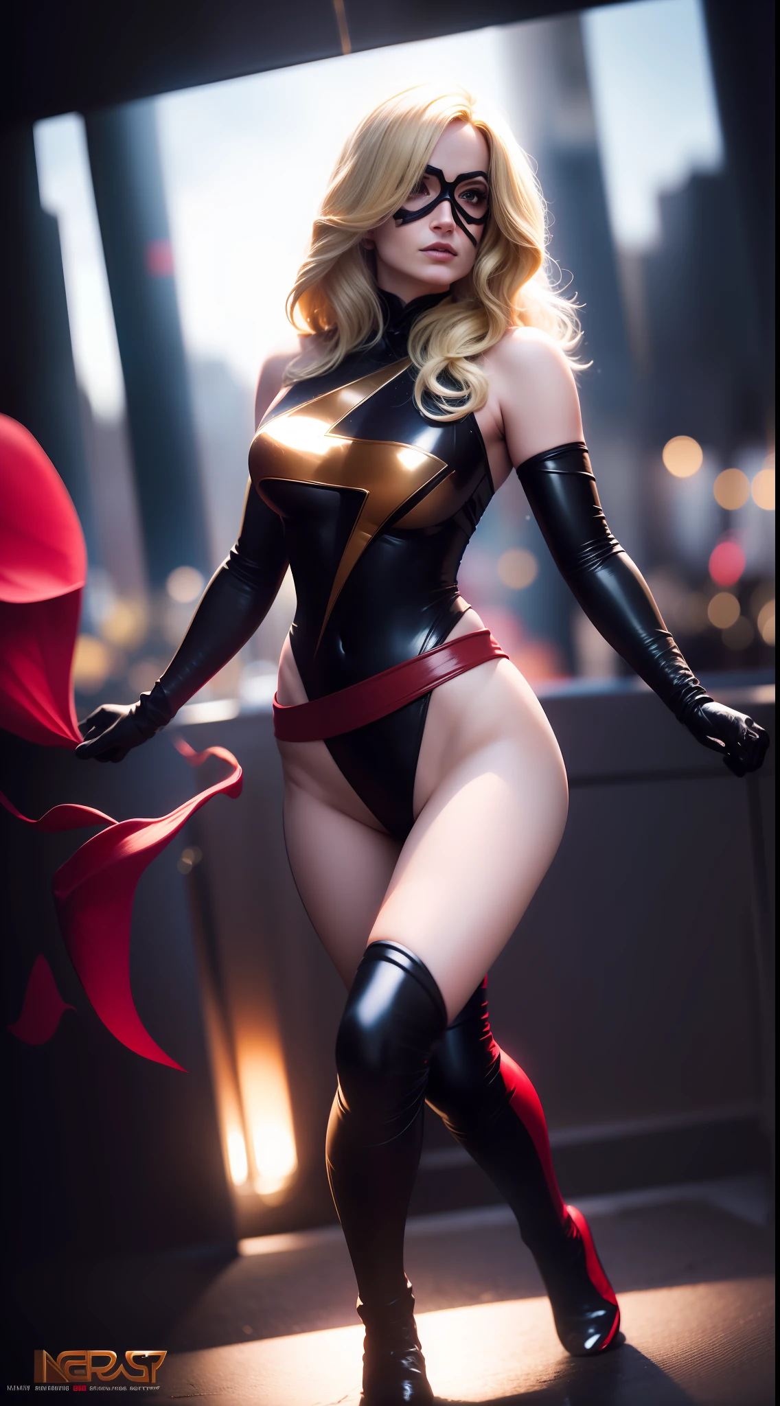 beautiful blonde woman, brie larson, beauty, black outfit, red belt at waist, flying, red lace waistdetails gold on boot, mask on eyes, red band at waist, wind effect, full body photo, prominent figure, night, photo (Masterpiece) (Best quality) (Detail) (8K) (HD) (Wallpaper) (Cinematic lighting) (Sharp focus) (Intricate), sexy, rain, wet, rays, best quality, Ultra high resolution, photorealistic, full body portrait, incredibly beautiful, dynamic poses, detailed skin texture, highly detailed skin, detailed face, beautiful legs