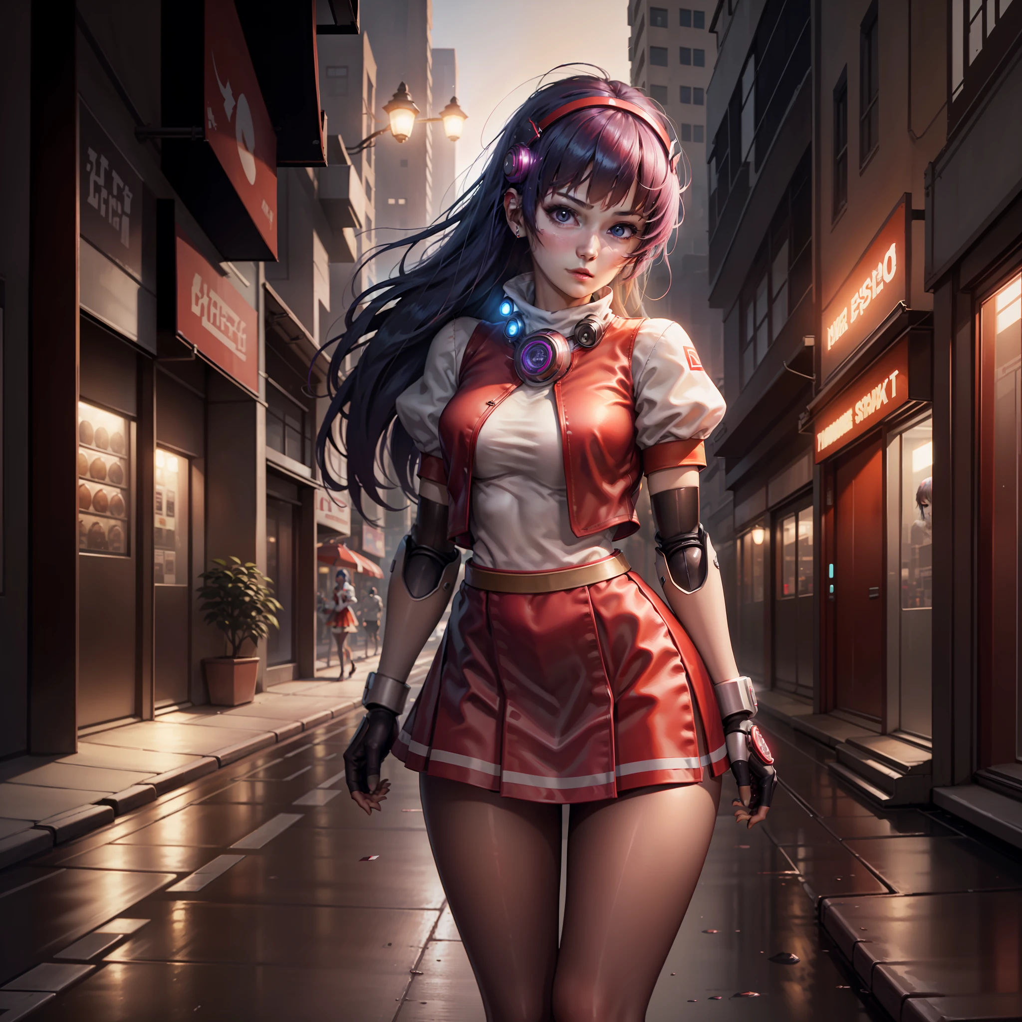 Woman, cybernetic body parts, red and white clothes, cyberpunk city, night, short skirt, Long stockings