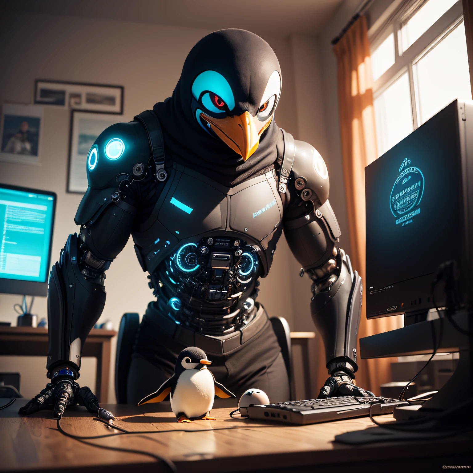 Cybernetic penguin wearing a futuristic hacker costume, com detalhes em cobre e engrenagens. The costume is decorated with stickers of programming codes and Linux icons. The penguin is sitting in front of a computer with multiple monitors, teclados e mouses, todos conectados por cabos coloridos. The environment is illuminated by bright LED lights in shades of blue and green. The penguin has a determined expression on his face, as if you were about to solve a programming problem. On a nearby shelf, There are several technology and programming books, while a Linux poster decorates the wall in the background. The environment is filled with wires, cabos e circuitos complexos, giving the feeling that the penguin is part of the computer itself. The texture of the penguin feathers is highly detailed, with every detail visible in 8K resolution. The futuristic hacker costume is adorned with real mechanical parts, allowing the penguin to have cybernetic and robotic enhancements that make it a perfect fusion of man and machine. This includes robotic limbs with enhanced precision and strength, computational power for complex tasks and sensory enhancements that transcend biological limitations. The interaction of technology with the penguin is incredibly detailed, capturing the intricate details and nuances of these cybernetic enhancements in a blend of human and machine that challenges traditional notions of identity and existence. The scene is illuminated by bright LED lights in shades of blue and green, casting soft shadows throughout the room. The penguin is a highly detailed and realistic piece of art, which depicts the fusion of man and machine in a future where technology has reached new frontiers. The use of Linux-themed clothing is a tribute to the open-source operating systems that enable the creation of advanced technology like this. --auto