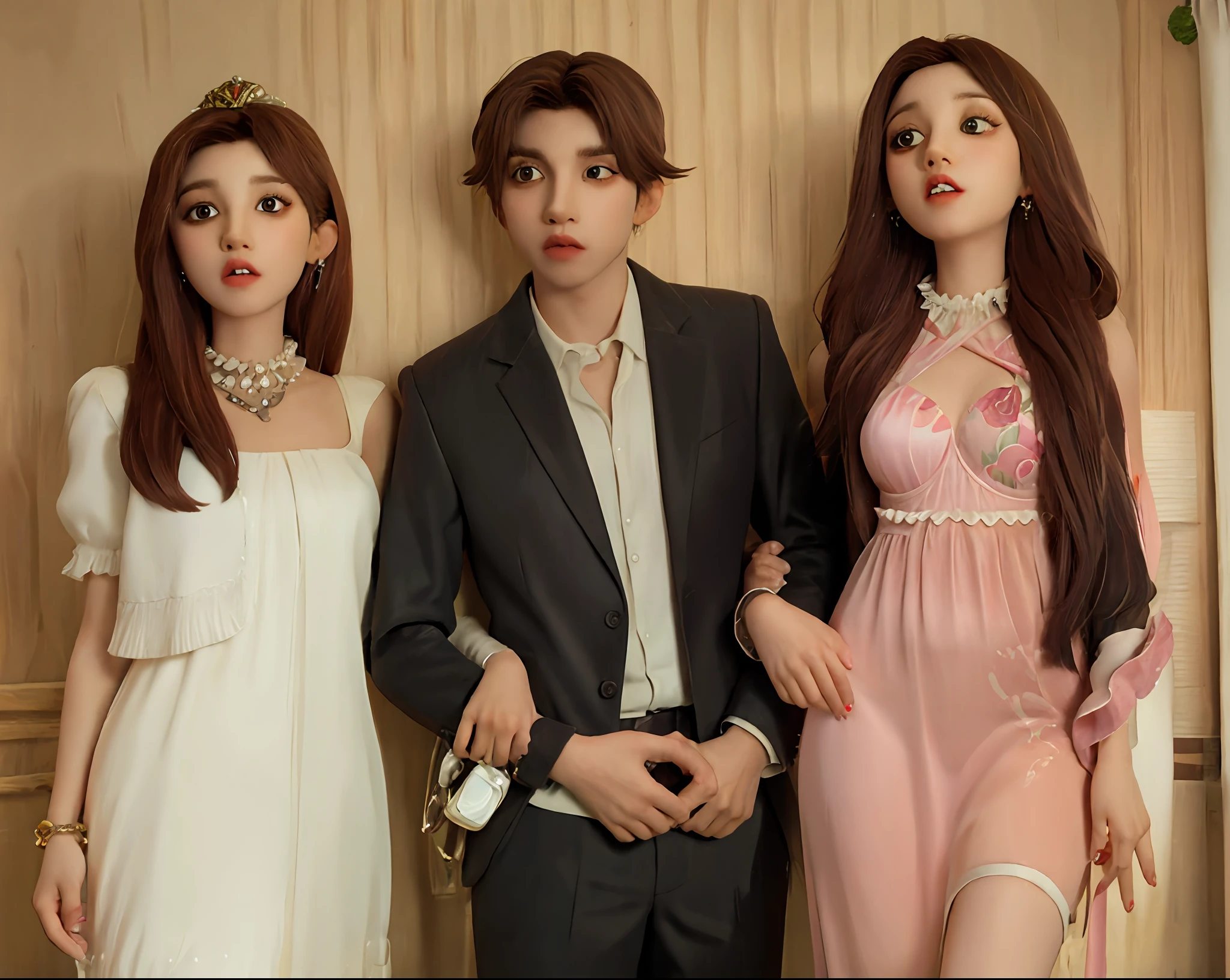 Three young men standing next to each other in front of a wall, middle school, nostalgic 8k, gen z, fotos de alta qualidade, three futuristic princes, by Amelia Peláez, Album art, imagem de perfil, Directed by: Judith Gutierrez, suave em _ O pano de fundo, Josana Gonzales, Meio - tiro, Tiro no meio, videoclipe, julia fuentes