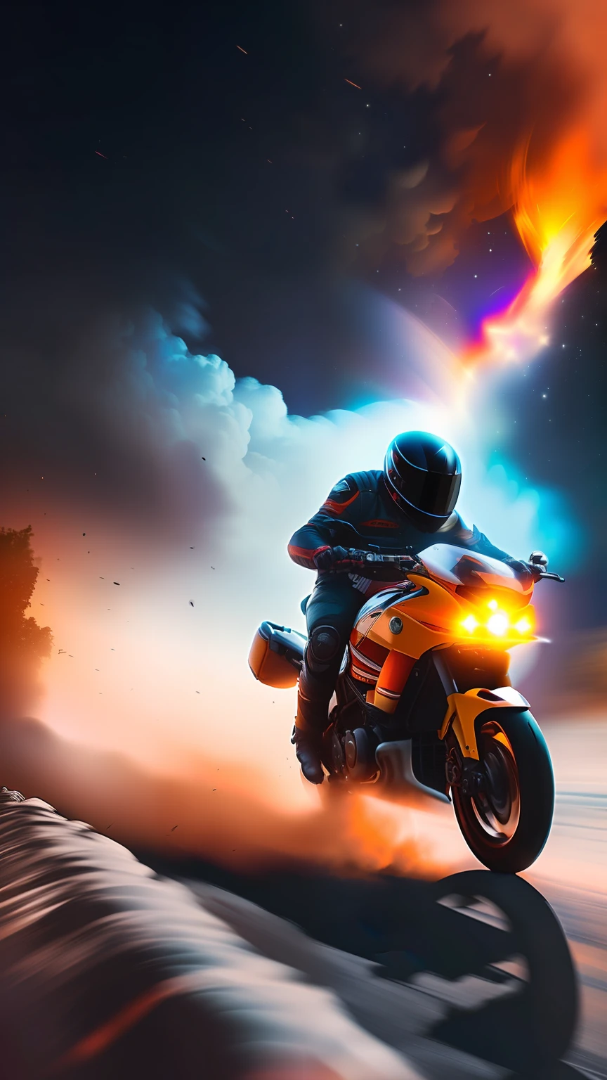 Motociclista, pilotando moto modelo antiga, noite estrelada, estrada asfaltada, ultra detalhado, cidade antiga