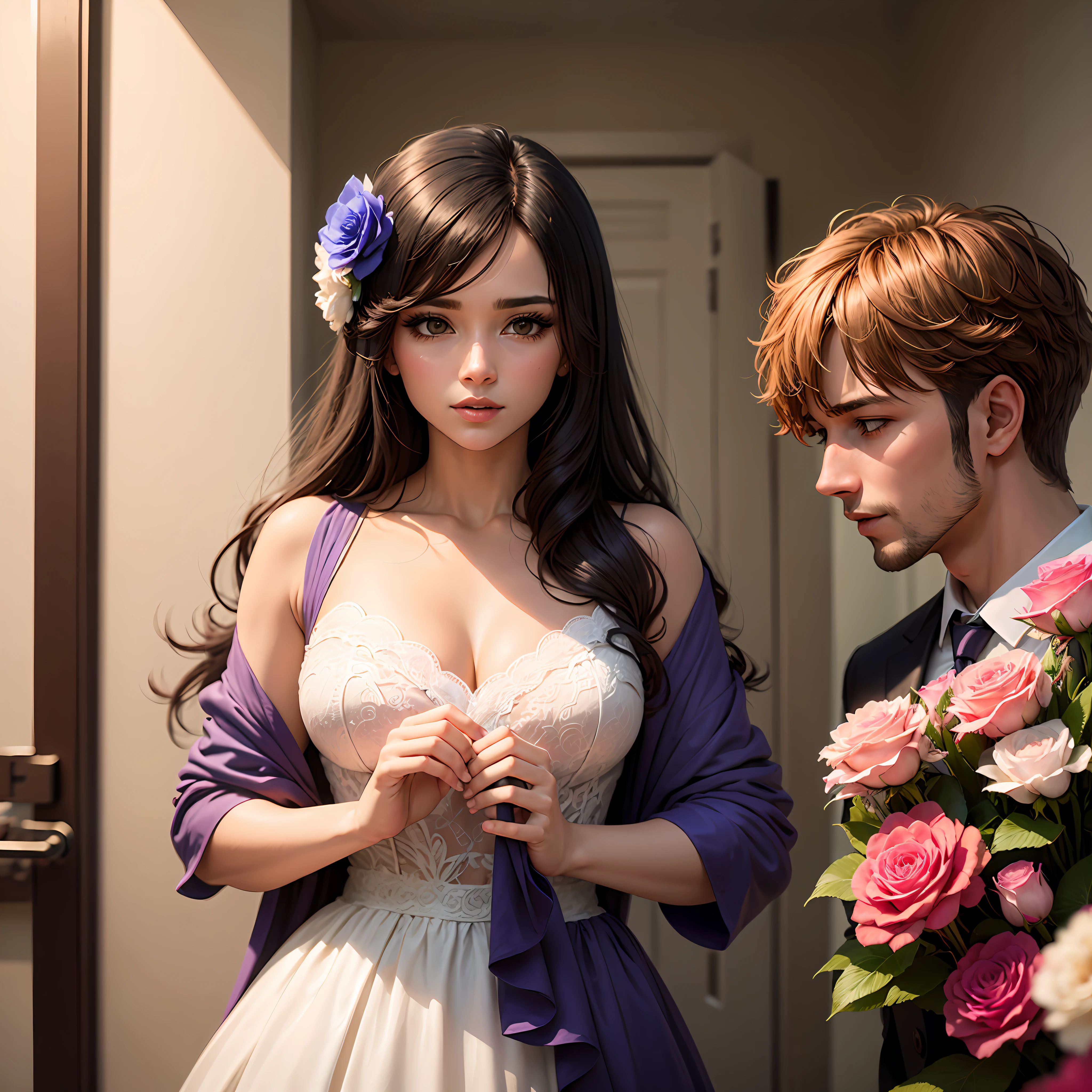 Criar uma imagem mulher com seu marido em um casamento cheio de rosas e flores coloridas --auto