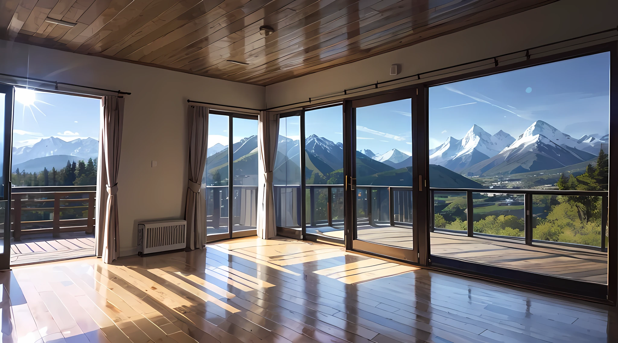 Huge floor-to-ceiling windows，Mountains outside，The shadow of the mountains passes through the diffuse reflection of the wooden floor