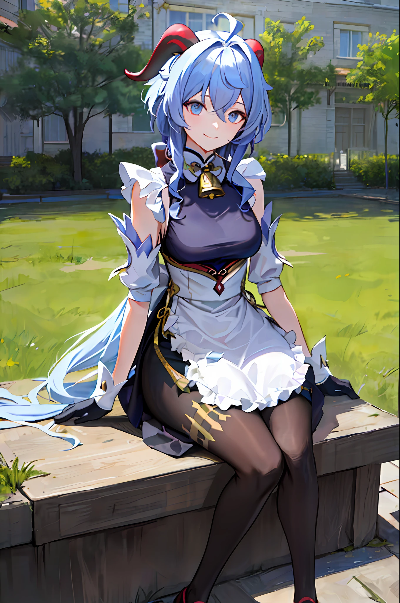 (Photorealistic:1.4), (Masterpiece, side-lighting, fine detailed beautiful eyes: 1.2), Masterpiece*Portrait, Realistic, 3D face, Ganyu \(Genshin Impact\), 1girll, ahoge, architecture, By bangs，Bare shoulders，bell，black glove，Black tights，（blue  hair），Blushlush，Beautiful breasts，Chinese knot，the sleeve，flower knot，mitts，cow horn，long whitr hair，Look at the audience，middlebreast，Neckbells，the maid outfit:2.0，maid costume:2.0，ssmile，Squinting with a smile，gentleness，duck sitting，Sit on the lawn，extremely shy，Be red in the face，Have a picnic outside，the woods，NOWAI