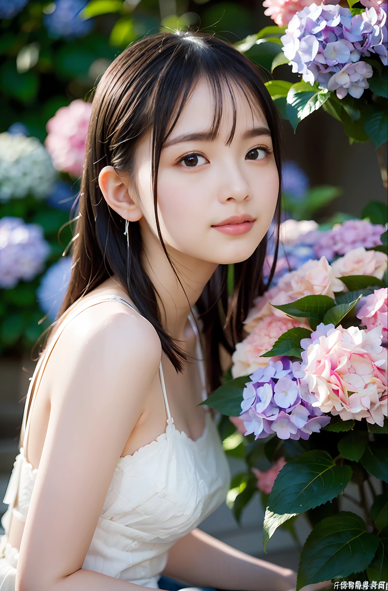 (((Full body photo))), backlight, lens flare, (((Super Soft Focus)), smiling, profile, eyes closed and looking up, twilight, showering, hydrangea in the background, surrounded by hydrangeas, soft sunset, (yinchuan:1.5), bust-up photography, masterpiece, best quality, raw photo, photorealistic, face, beautiful girl, cute, short hair, depth of field, high resolution, ultra detail, fine detail, highly detailed, very detailed eyes and face, sharp pupils, realistic pupils, cinematic lighting