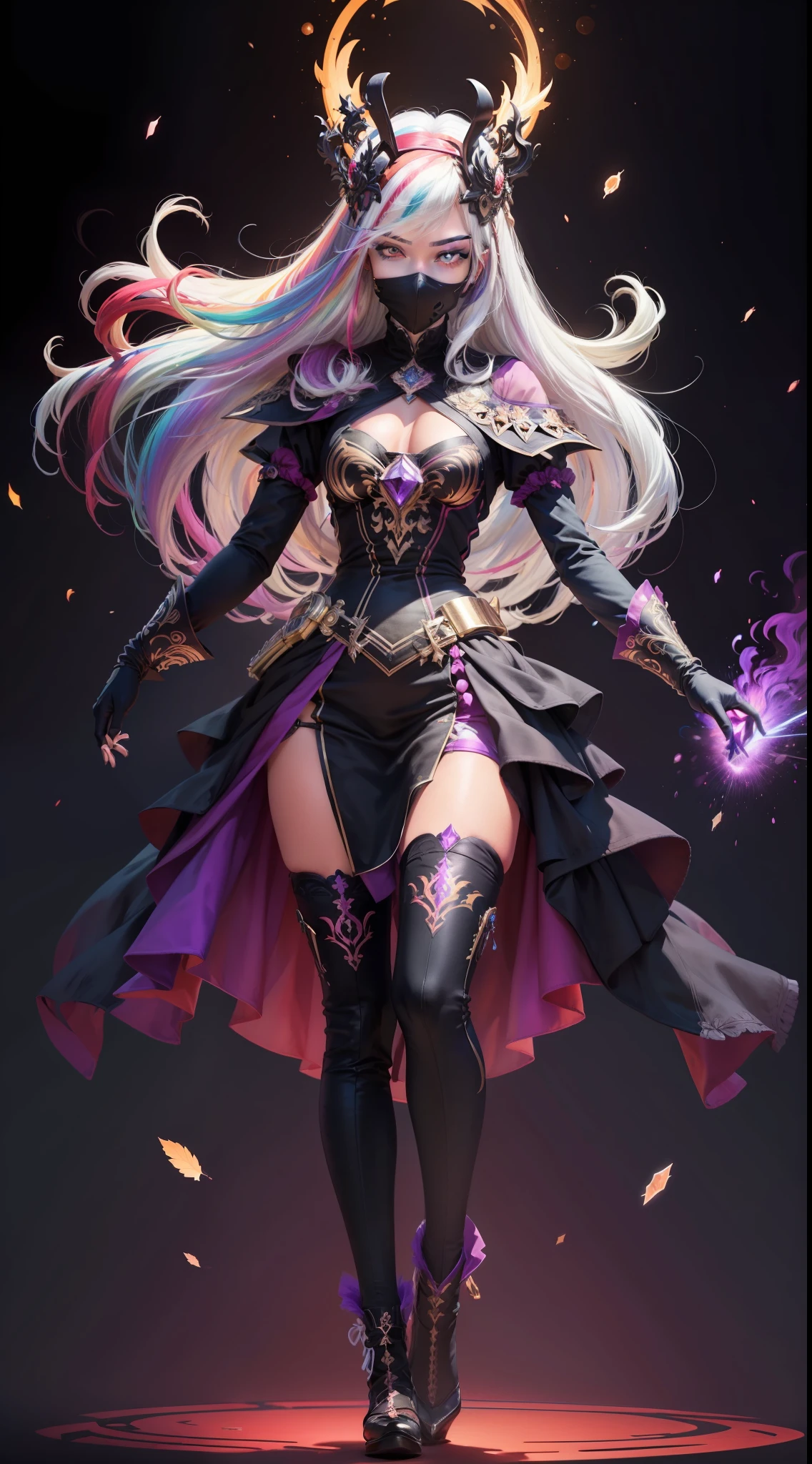 1girl, white hair, multicolored hair, purple eyes, mask on head, sidelighting, light particles, wallpaper, full body