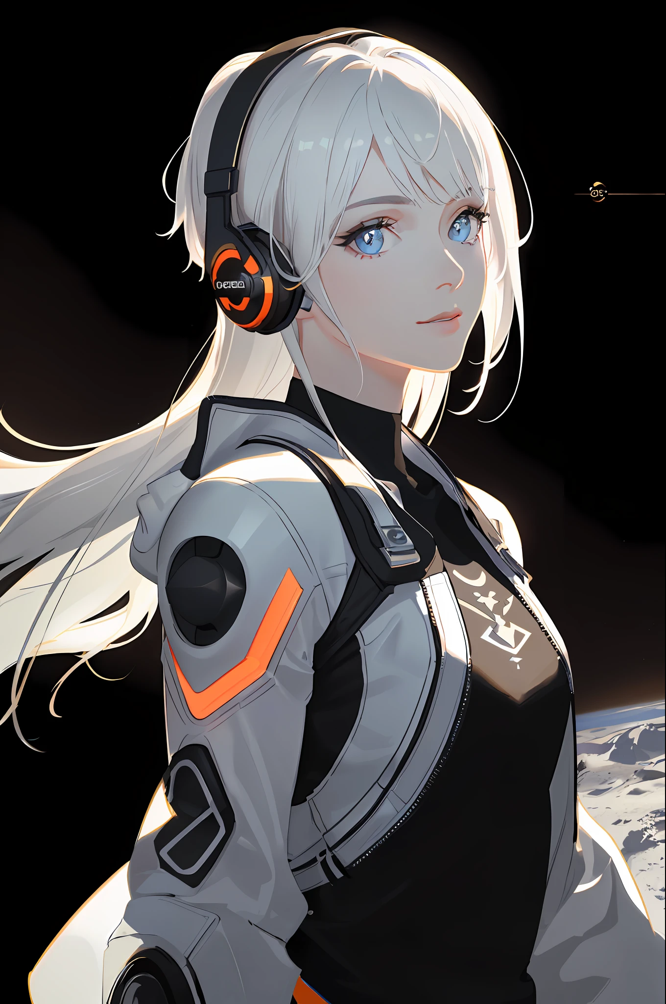 (masterpiece, sidelighting, finely detailed beautiful eyes: 1.2), (on the moon, space, looking back into earth), white hair, black tank top, volumetric lighting, white jacket, glowing headphone, cyberpunk, futuristic, multi-color eyes, detailed eyes, hyper detailed,light smile, highly detailed, beautiful, small details, ultra detailed, best quality, intricate, hyperrealism, sharp, digital illustration, detailed, realism, intricate, 4k, 8k, trending on artstation, good anatomy, beautiful lighting, award-winning, photorealistic, realistic shadows, realistic lighting, beautiful lighting, raytracing, intricate details, moody, rule of thirds, masterpiece, (illustration:1.1), highres, (extremely detailed CG, unity, 8k wallpaper:1.1), beautiful face, highly detailed face, ultra realistic, masterpiece, bokeh, extremely detailed, intricate, zoomout, colorful, vibrant colors, red nail polish, side view,