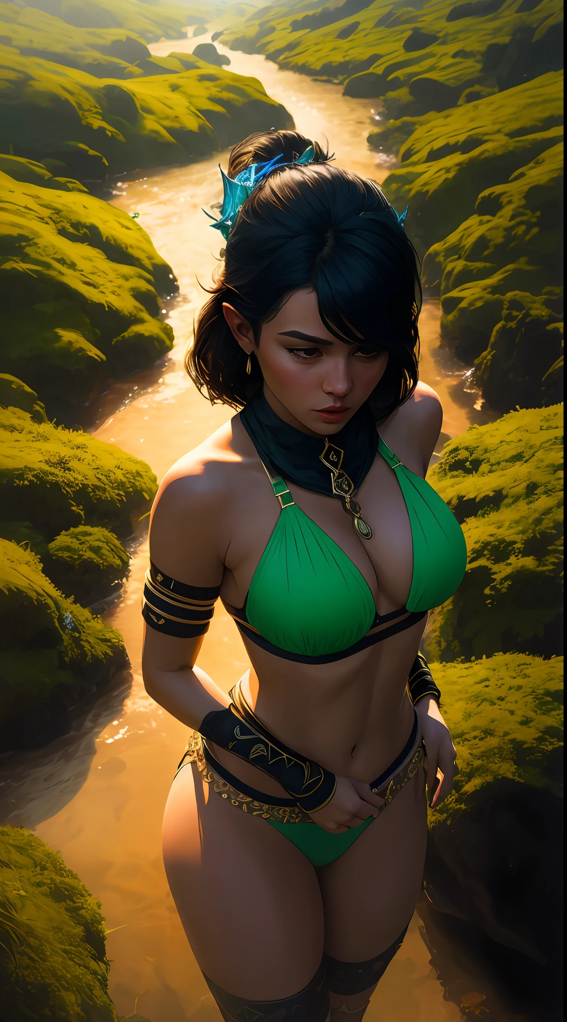 obra-prima, corpo inteiro, Aerial view, Uma bela mulher elfos, seios grandes, green bikini, em uma floresta, dia, Very detailed lighting, Dramatic, trending digital art in Artstation 8k HD realistic detailed high definition, detalhado, textura da pele, hiper detalhado, textura de pele realista, armadura, melhor qualidade, Ultra alto nada, (fotorrealista: 1.4), alta resolução, detalhado, foto crua, sharp re, por Lee Jeffries Nikon D850 Film Fotografia de Stock 4 Kodak Portra 400 Camera F1.6 Lens Rich Colors Hyper Realistic Texture Dramatic Lighting UnrealEngine trend in ArtStation Cinestill 800
