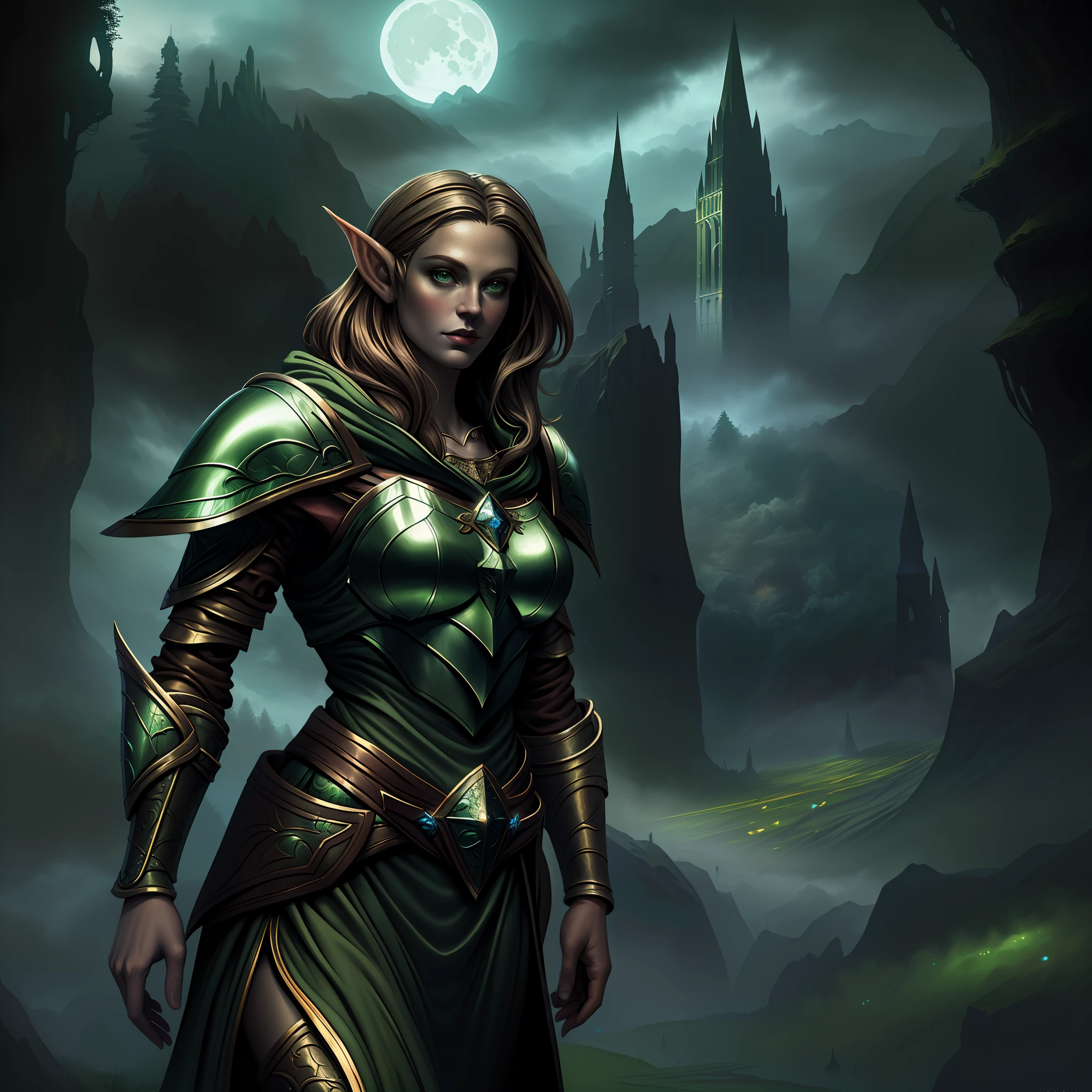 fantasy art, dnd art, (masterpiece:1.5), full body intricate details, highly detailed, best quality, highres, portrait of a female, elf(1.6, fantasy art, Masterpiece, best quality) elf, (fantasy art, Masterpiece 1.6, best quality), druid, with a short brown hair, green eyes, (fantasy art, Masterpiece, best quality)armed a staff, wearing a green cloak, wearing leather armor (fantasy art, Masterpiece, best quality), in fantasy setting forest at night, moon, clouds, soft light, high details, best quality, highres, 1080P, 8k, anatomically correct, photorealistic
