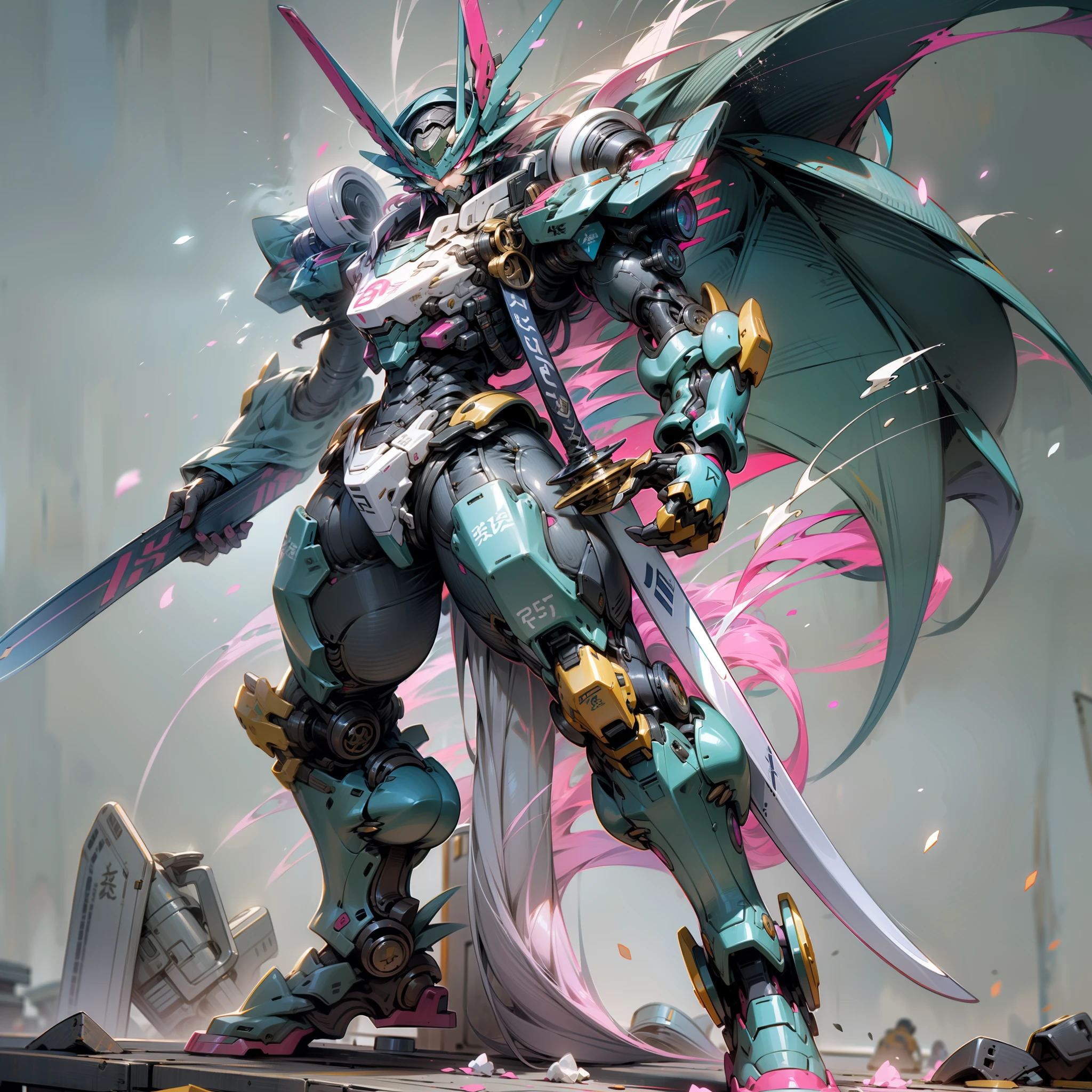 Blue and pink are the main colors,Tall mech,Powder blue gradient body,Powder blue gradient,Plasma longsword in his hand,There is a dragon particle effect,taichi,China-style,mechanical sense,sense of strength,Sense of space,combats,cyber punk perssonage,Human body modification,Structurally sound,Battle instant,high-quality face,4K,High quality,Masterpieces,of a real,drak,Western Dragon,chinesedragon,Stand on a smooth piece of ground,multiple persons