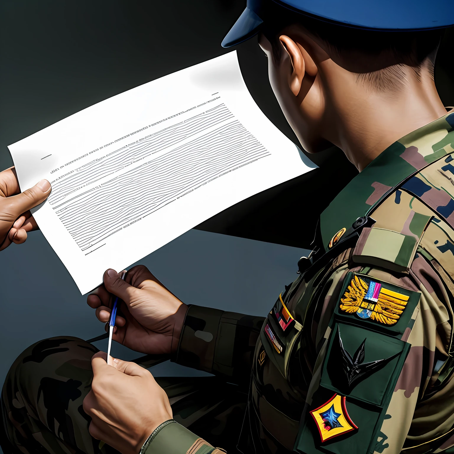 Malaysian soldier reading a piece of paper, close up cinematography picture, hyper-realistic photo, hd --auto
