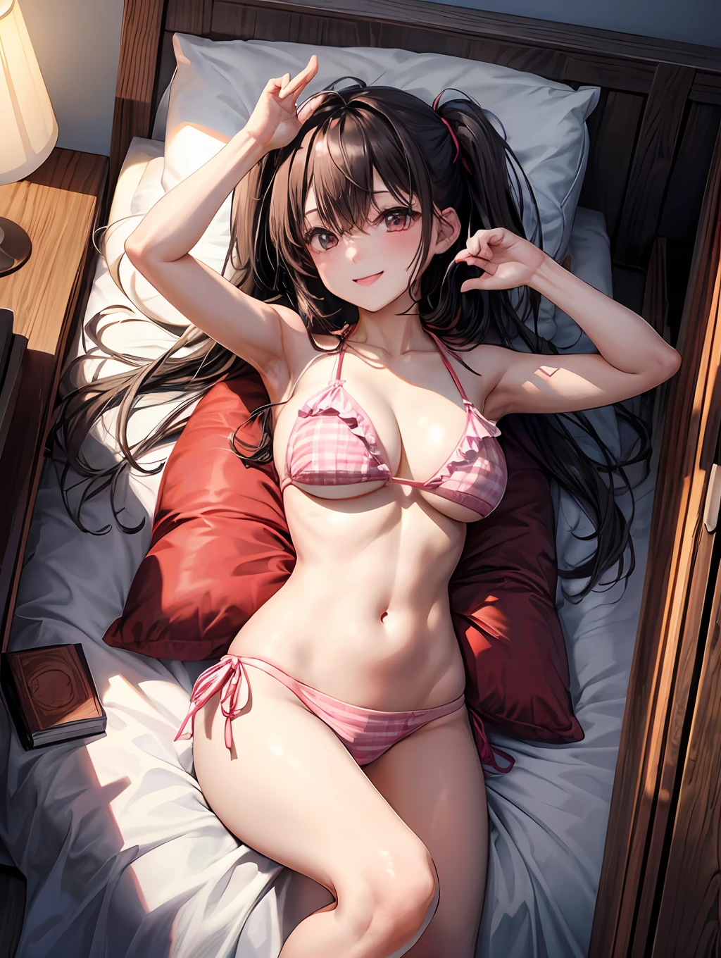 top-quality、1girl,A dark-haired、Twin-tailed、Red eyes、Red cheeks、Pink teak color:1.3、a smile、小柄、Bikini with pink ruffles:1.5、Constriction:1.2、skinny legs、piece sign、natta、Dark hotel room、Dark lighting、Lying on the bed:1.7、View here、Angle from diagonally above、Background blur、masterpiece