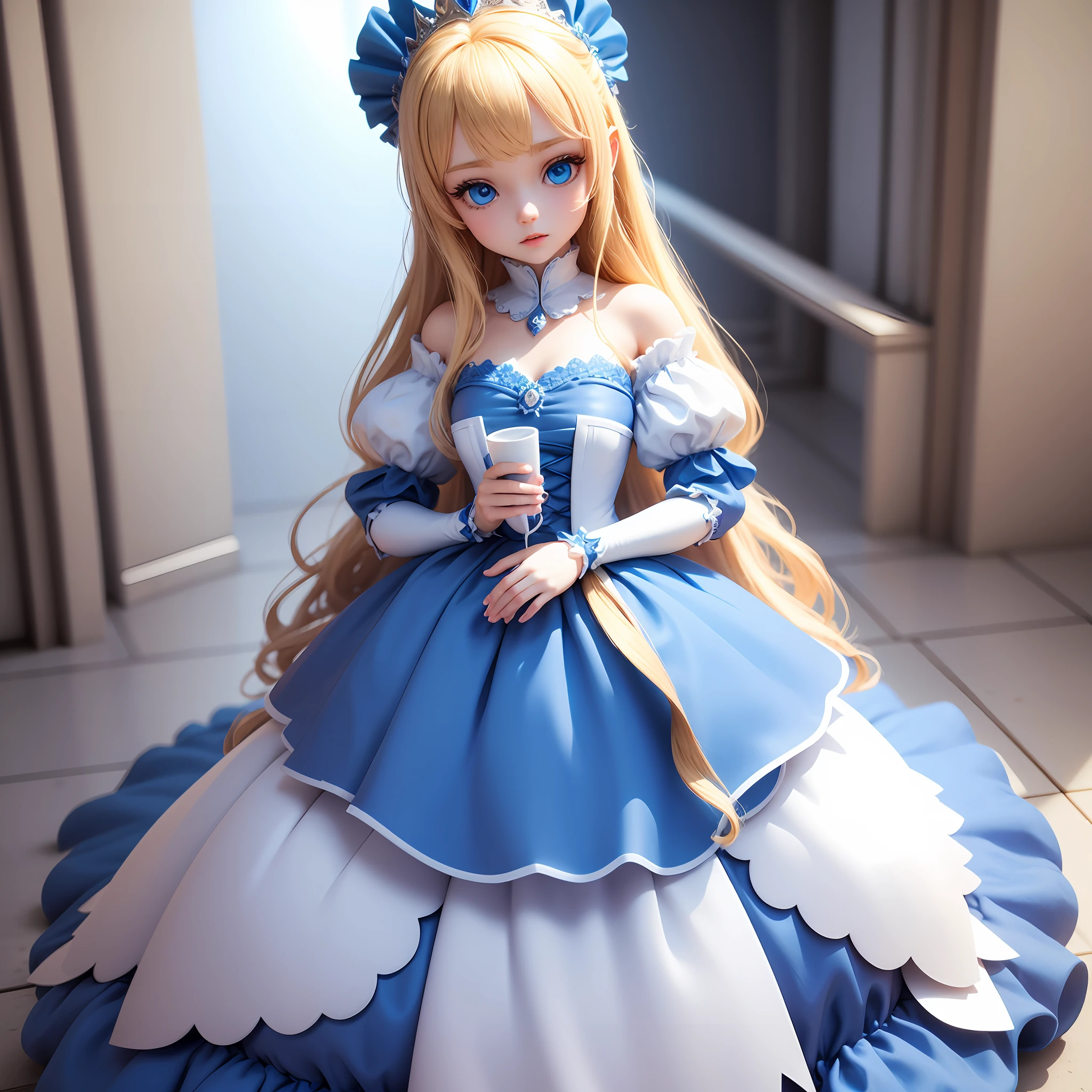 3d princess doll, with blue eyes, blond hair and blue dress and white background --auto