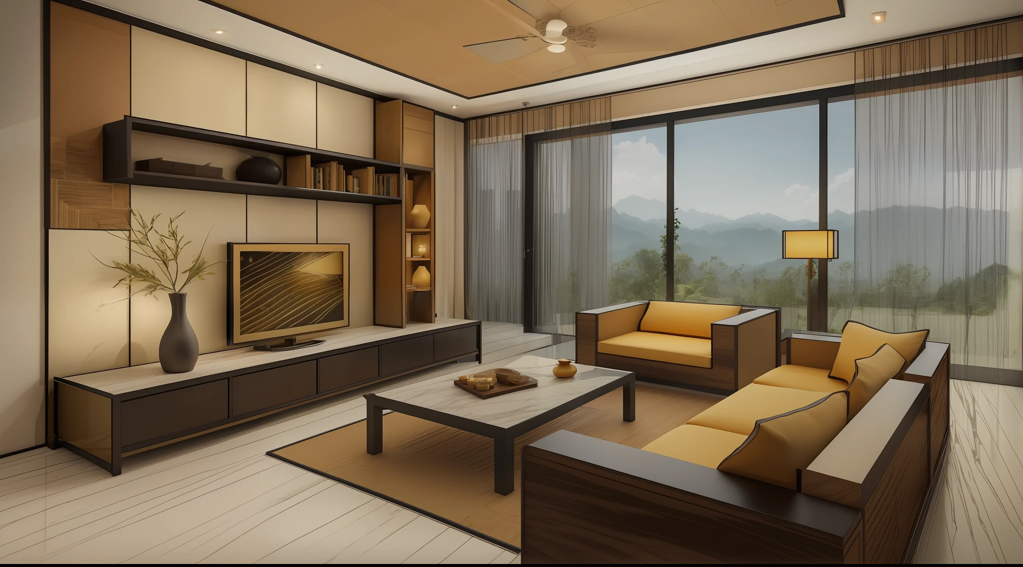 ((Best quality, 8k, Masterpiece :1.3)), Sharp focus :1.2, (living room indochina BLACK Wood design: 1.3), (leaf door panel:1.1), (((black painted wooden furniture:1.1))), (photo realisstic: 1.2), (hyperdetails: 1.2), 1 chair, oriental classical pattern wall paneling, 1 classical altar, 2 ottomans, style cabinets Indochina, indoor, indochina pano door, (Ceiling made of rattan and plasterboard), Stylized lotus pattern, stylized lotus-themed decorative painting, glossy marble floor,Round feather carpet, tiled floor with geometric pattern with border, bedside cabinet with curling iron pattern, Curved iron door, wooden frame door with panel made of wrought iron pattern combined with paper daylight, Unreal Engineer 8K, full HD 8K