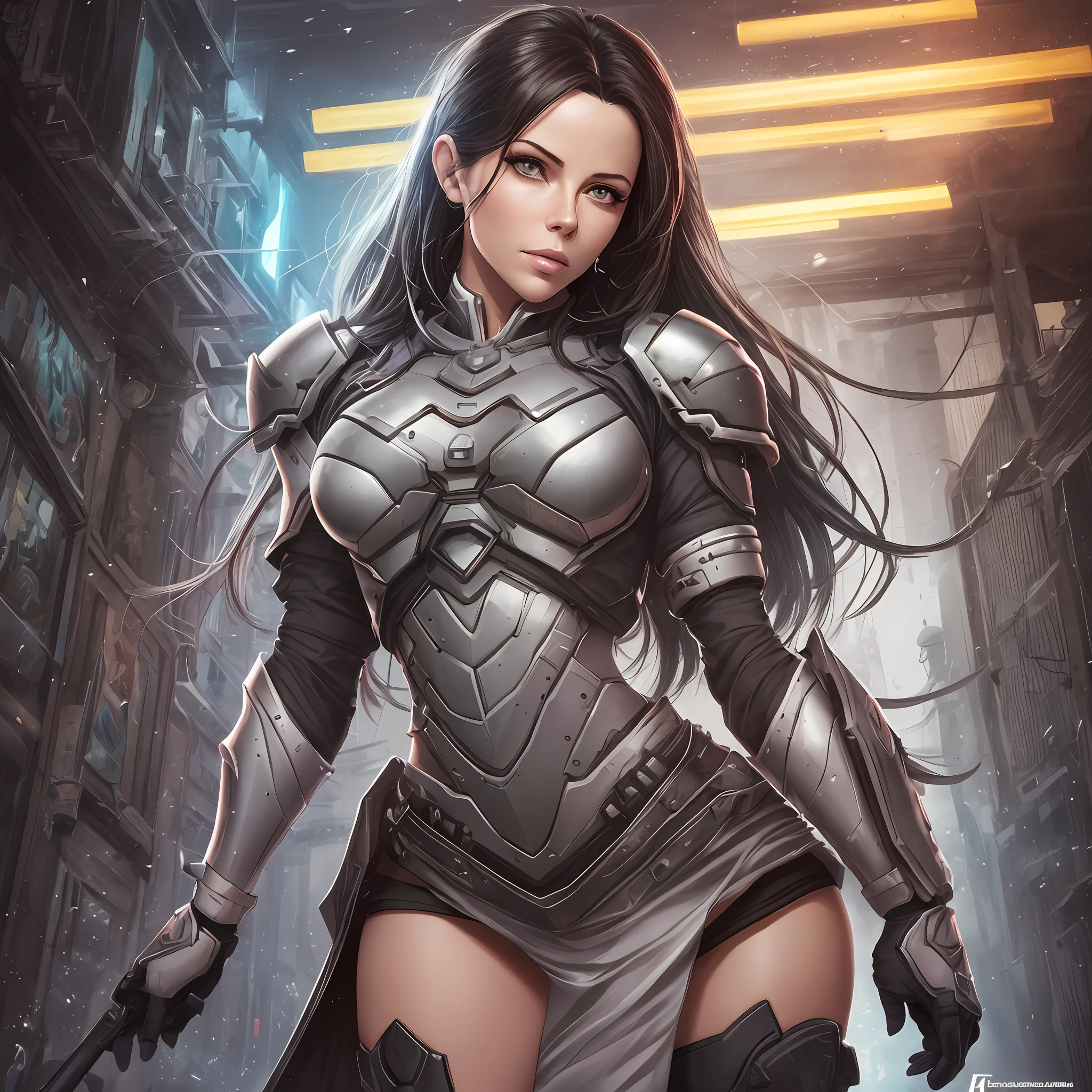 fotorrealista,Realistic illustration in Manga style,((obra maestra)),((La mejor calidad)),((calidad ultra)),((ultra detallado)),Kate Beckinsale como d. Overwatch VA in a Dramatic Pose,Mech neon armor,Wet miniskirt, fina - cara, Cara perfecta sombreada realista,ojos morados claros,delineador,maquillaje,cabello ondulado,colas gemelas,((ojos detallados perfectos)), detalles finos. Artgerm,Surrealim,Belleza angelical,Detalles intrincados,Renderizado de octanaje,Smoth,foco nítido,WLOP,retrato de cuerpo entero,((Cuerpo detallado perfecto)), --auto