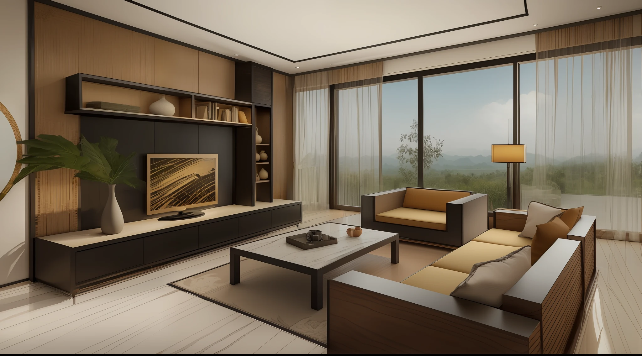 ((Best quality, 8k, Masterpiece :1.3)), Sharp focus :1.2, (living room indochina BLACK Wood design: 1.3), (leaf door panel:1.1), (((black painted wooden furniture:1.1))), (photo realisstic: 1.2), (hyperdetails: 1.2), 1 chair, oriental classical pattern wall paneling, 1 classical altar, 2 ottomans, style cabinets Indochina, indoor, indochina pano door, (Ceiling made of rattan and plasterboard), Stylized lotus pattern, stylized lotus-themed decorative painting, glossy marble floor,Round feather carpet, tiled floor with geometric pattern with border, bedside cabinet with curling iron pattern, Curved iron door, wooden frame door with panel made of wrought iron pattern combined with paper daylight, Unreal Engineer 8K, full HD 8K