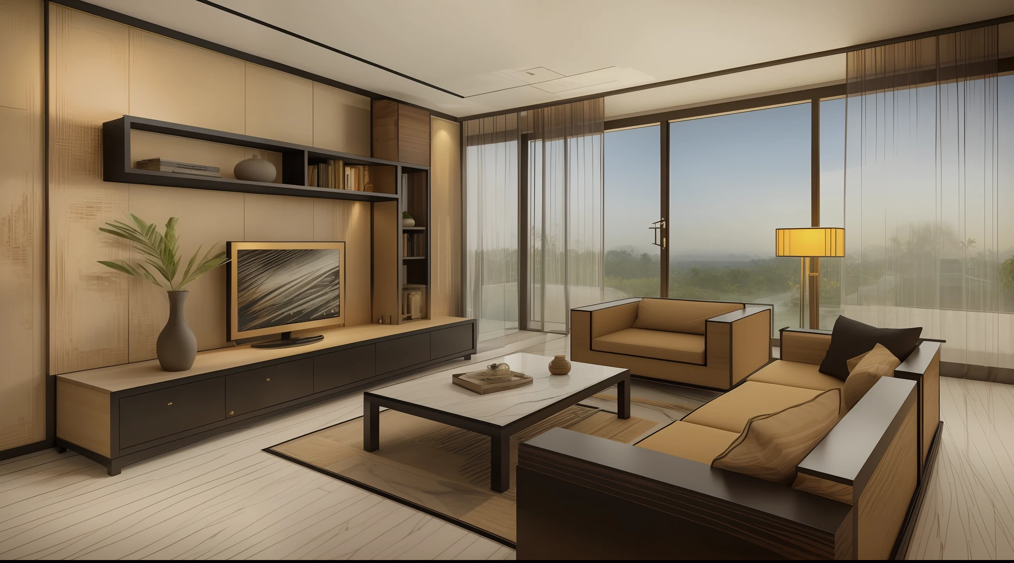 ((Best quality, 8k, Masterpiece :1.3)), Sharp focus :1.2, (living room indochina BLACK Wood design: 1.3), (leaf door panel:1.1), (((black painted wooden furniture:1.1))), (photo realisstic: 1.2), (hyperdetails: 1.2), 1 chair, oriental classical pattern wall paneling, 1 classical altar, 2 ottomans, style cabinets Indochina, indoor, indochina pano door, (Ceiling made of rattan and plasterboard), Stylized lotus pattern, stylized lotus-themed decorative painting, glossy marble floor,Round feather carpet, tiled floor with geometric pattern with border, bedside cabinet with curling iron pattern, Curved iron door, wooden frame door with panel made of wrought iron pattern combined with paper daylight, Unreal Engineer 8K, full HD 8K