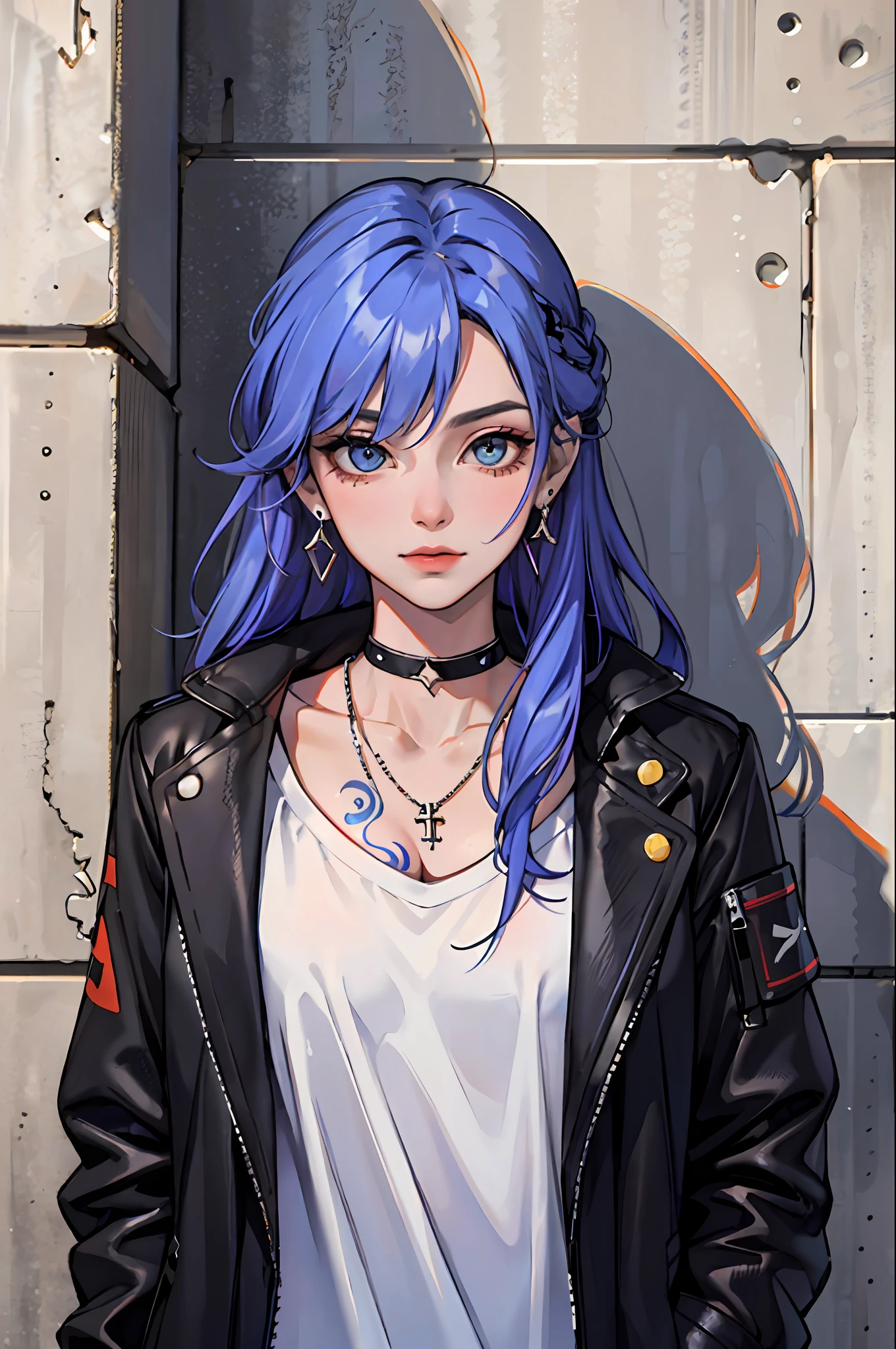 (masterpiece:1.2, best quality), (1lady, solo, upper body:1.2), colored hair, long hair, tattoos, jacket, earrings, choker, necklace, Hanging out in an underground music venue or street art exhibit