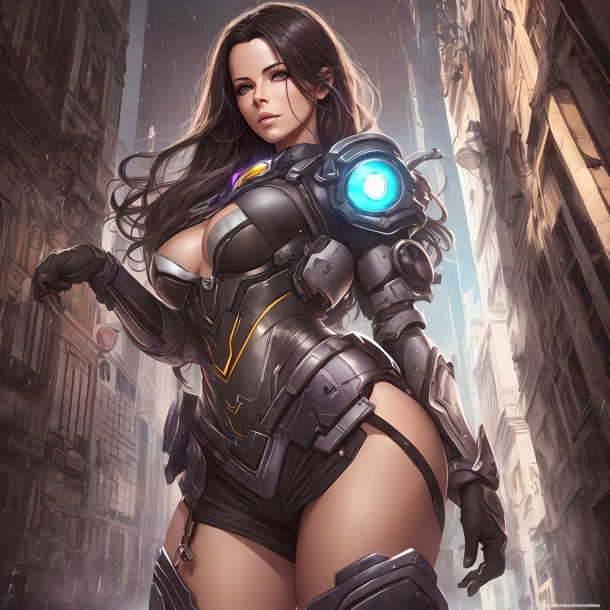 fotorrealista,Realistic illustration in Manga style,((obra maestra)),((La mejor calidad)),((calidad ultra)),((ultra detallado)),Kate Beckinsale como d. Overwatch VA in a Dramatic Pose,Mech neon armor,Wet miniskirt, fina - cara, Cara perfecta sombreada realista,ojos morados claros,delineador,maquillaje,cabello ondulado,colas gemelas,((ojos detallados perfectos)), detalles finos. Artgerm,Surrealim,Belleza angelical,Detalles intrincados,Renderizado de octanaje,Smoth,foco nítido,WLOP,retrato de cuerpo entero,((Cuerpo detallado perfecto)), --auto