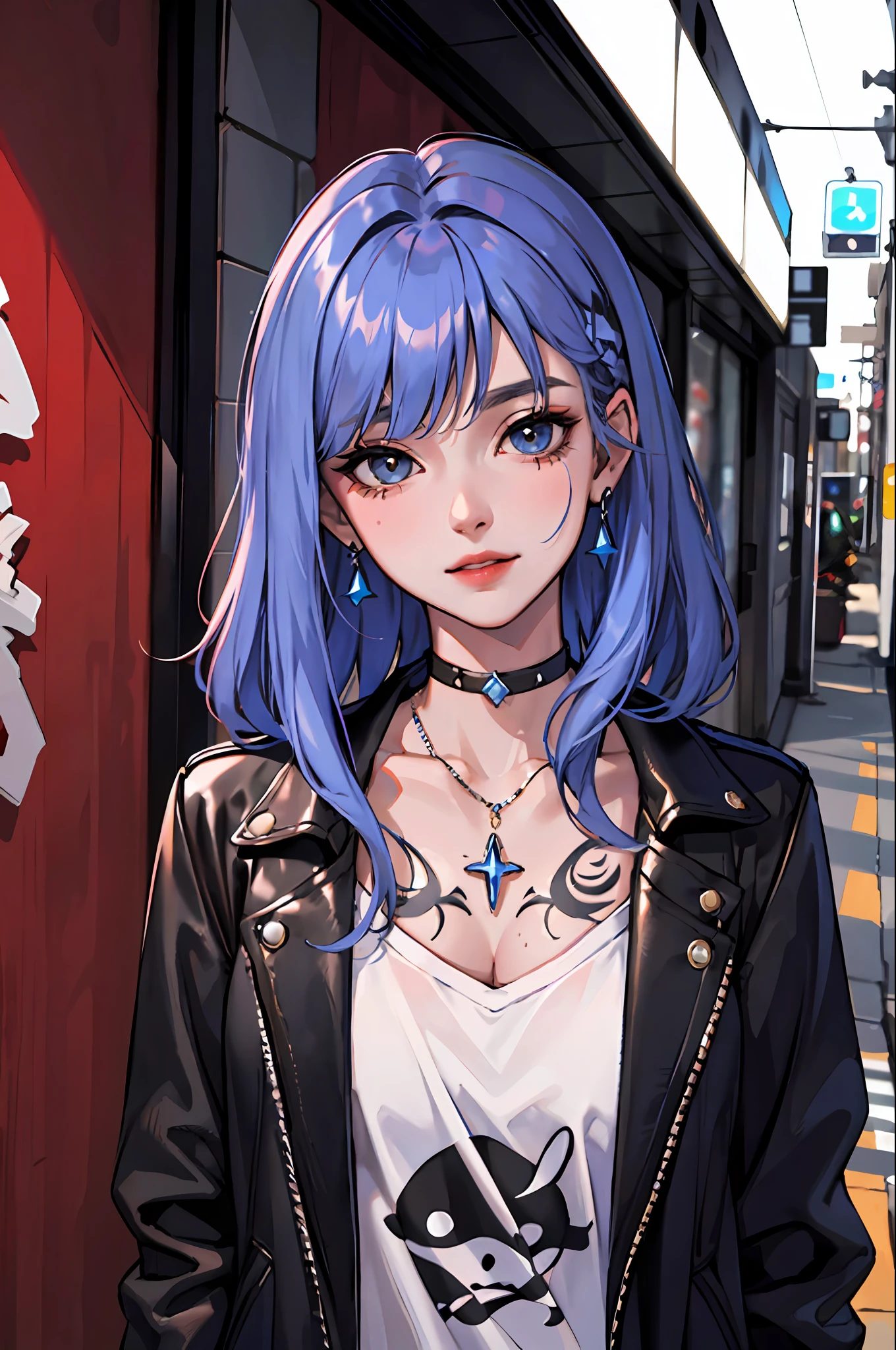 (masterpiece:1.2, best quality), (1lady, solo, upper body:1.2), colored hair, long hair, tattoos, jacket, earrings, choker, necklace, Hanging out in an underground music venue or street art exhibit